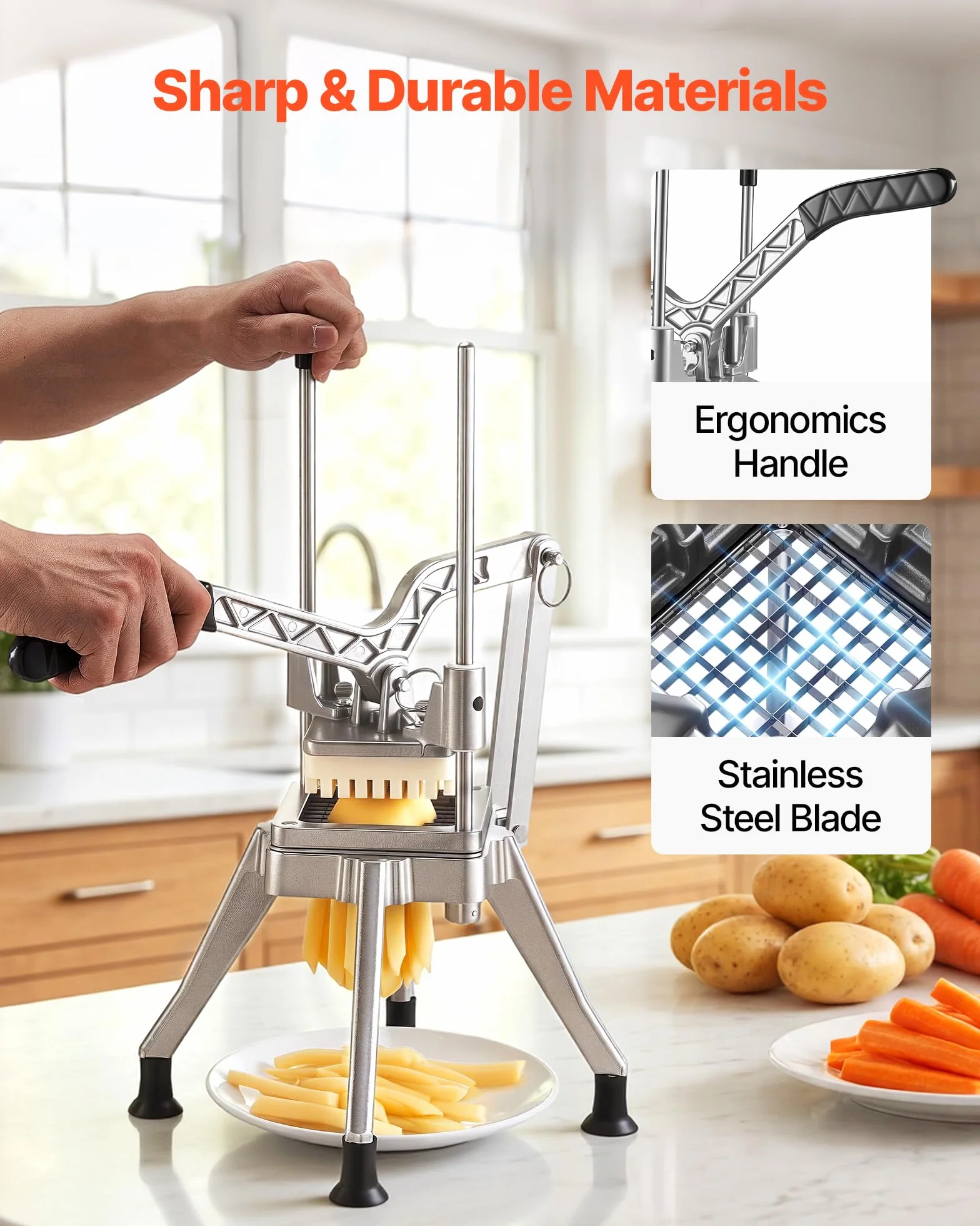 VEVOR Coupe Frites Manuel Professionnel, 4 Couteaux de Rechange 13 mm / 9 mm / 6 mm, Vide-pomme 6 Quartiers en Inox