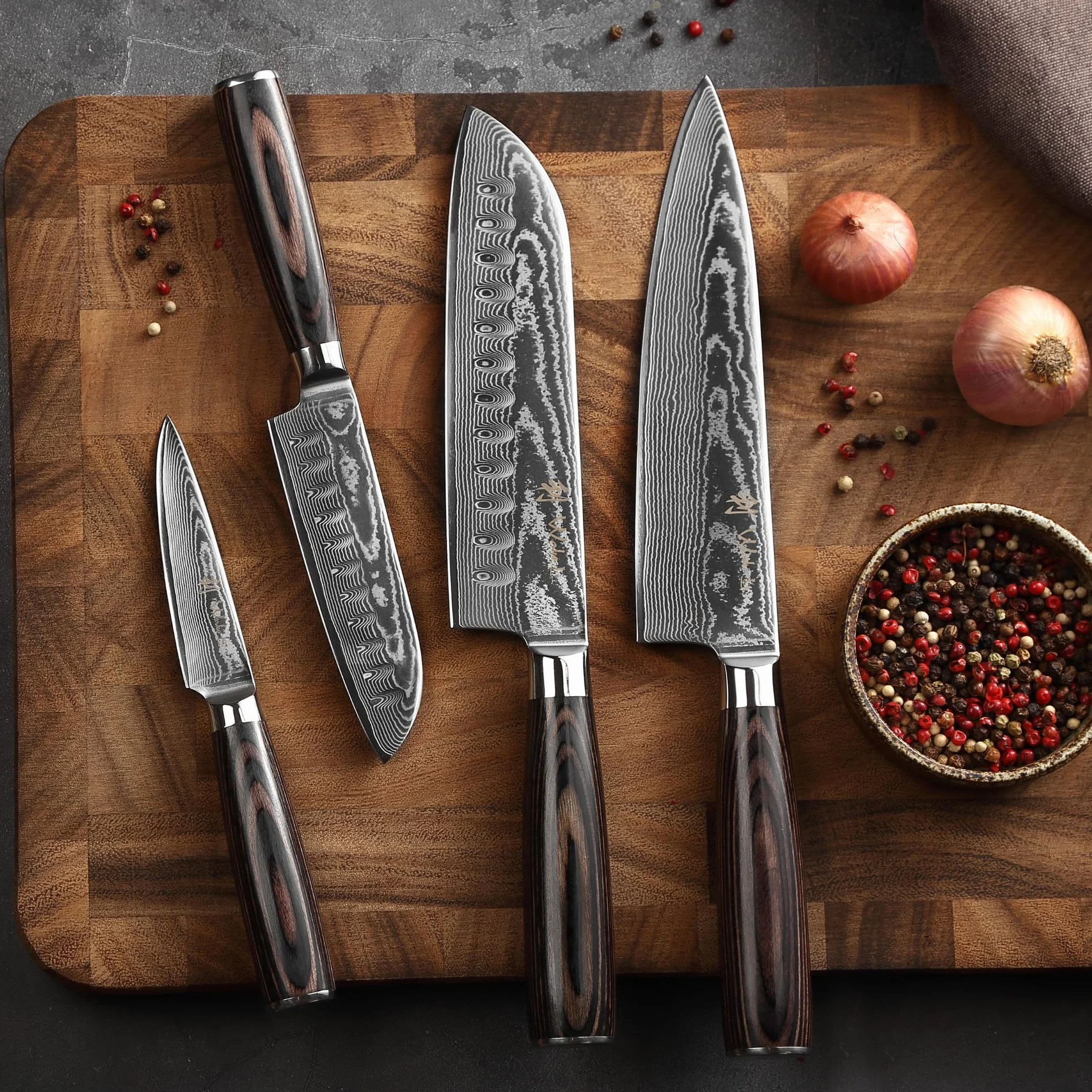 Wakoli EDIB Essentials Set de 4 couteaux en Damas acier damassé 67 couches noyau VG10 manches bois pakka cuisine professionnels