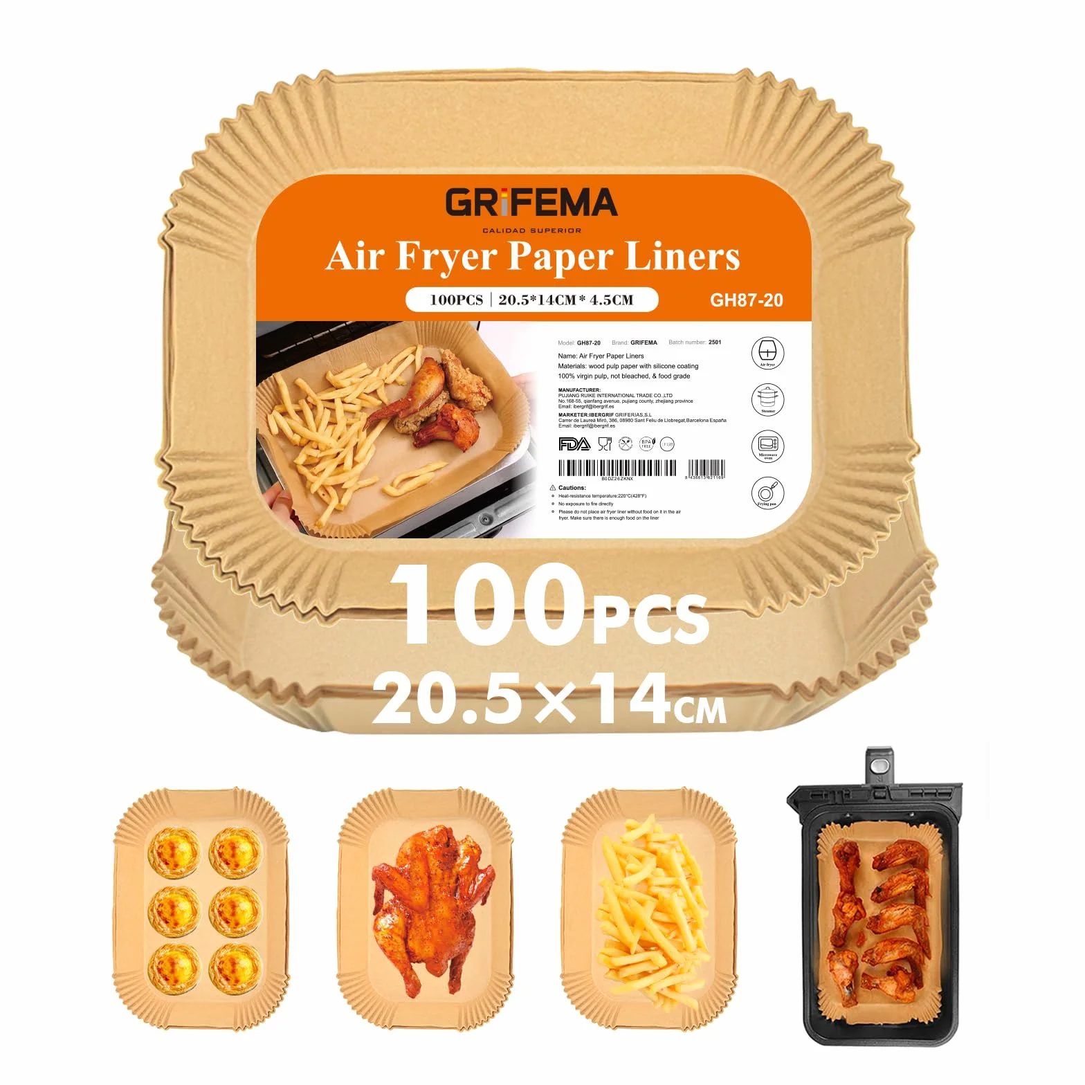 GRIFEMA Papier Air Fryer Rectangulaire 20,5 x 14 cm 100 Pièces Compatible Ninja Dual Zone AF300UK AF400UK Antiadhésif Jetable Sans BPA