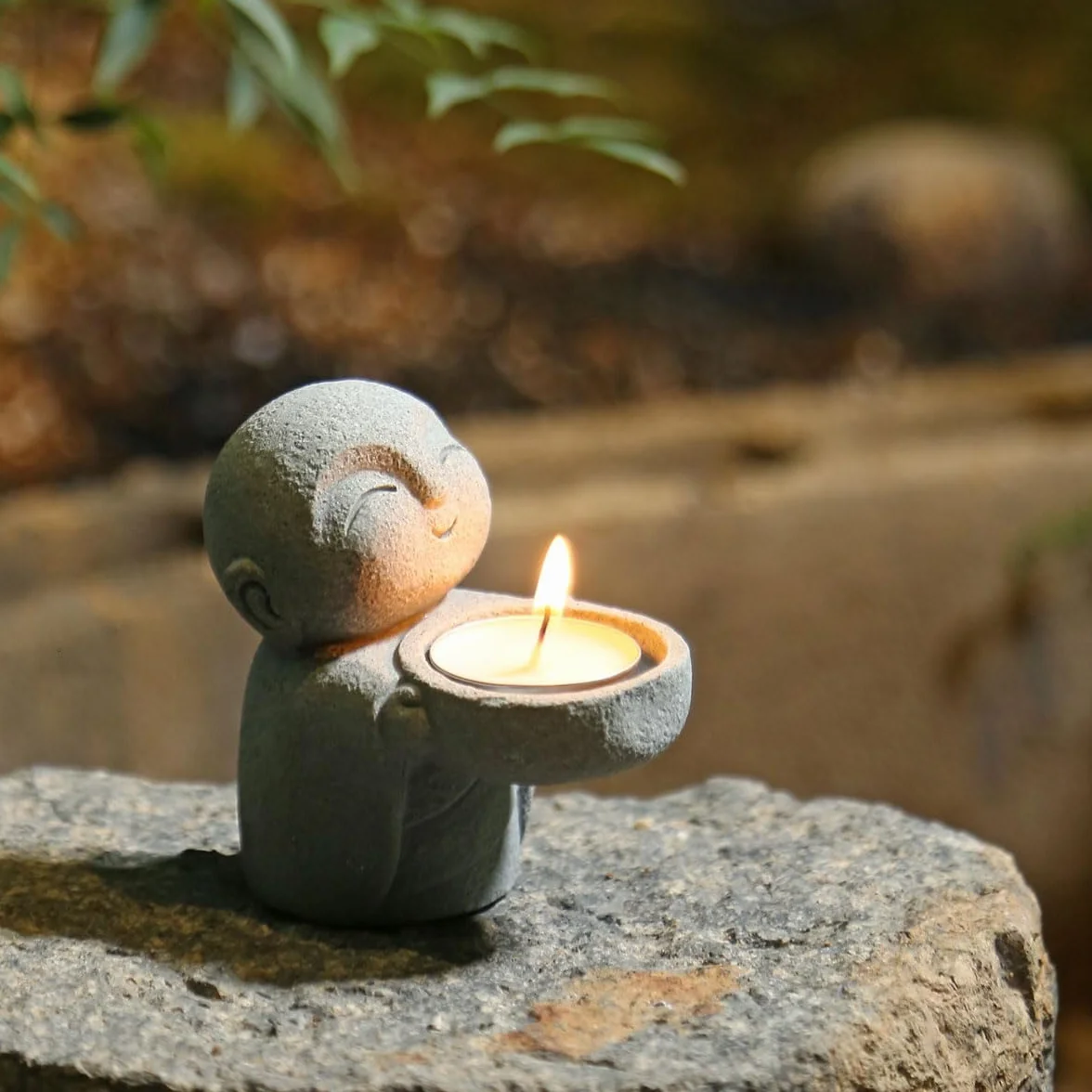 Statue Bouddha en grès imitation pierre bleue – Sculpture moine Jizo méditation zen décoration intérieur Feng Shui prospérité