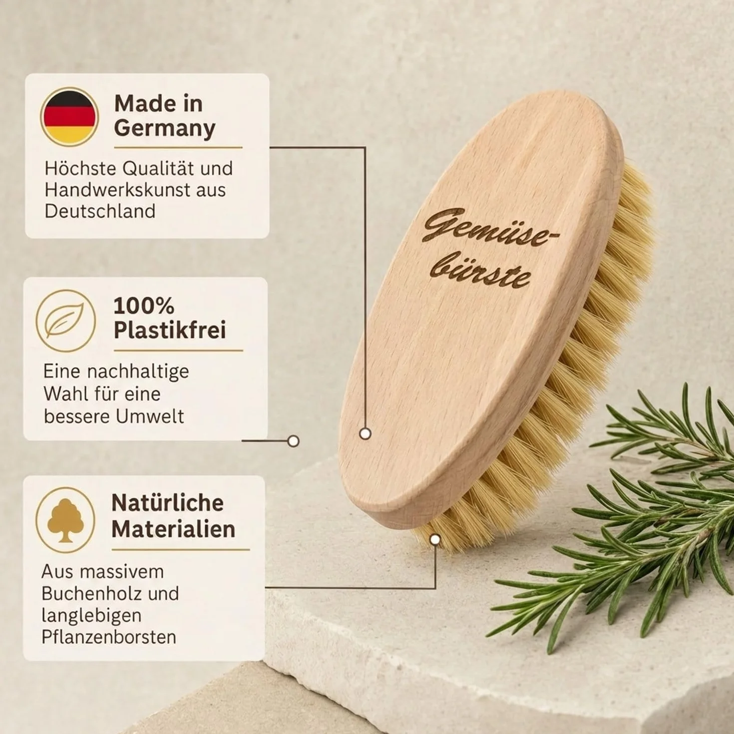 Brosse à légumes en bois de hêtre avec poils naturels durable pour laver légumes et fruits