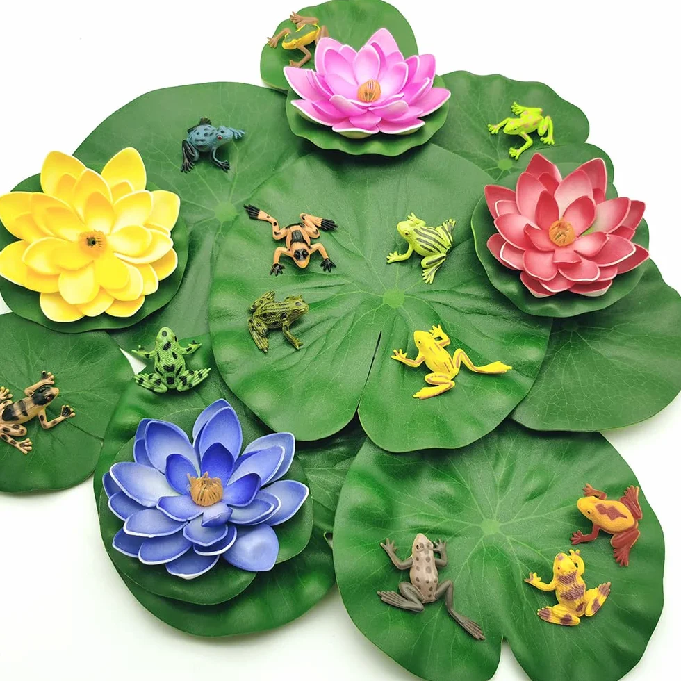 Lot de 24 Nénuphars Artificiels Lotus avec Grenouille, Décoration de Bassin Fleurs Flottantes pour Jardin