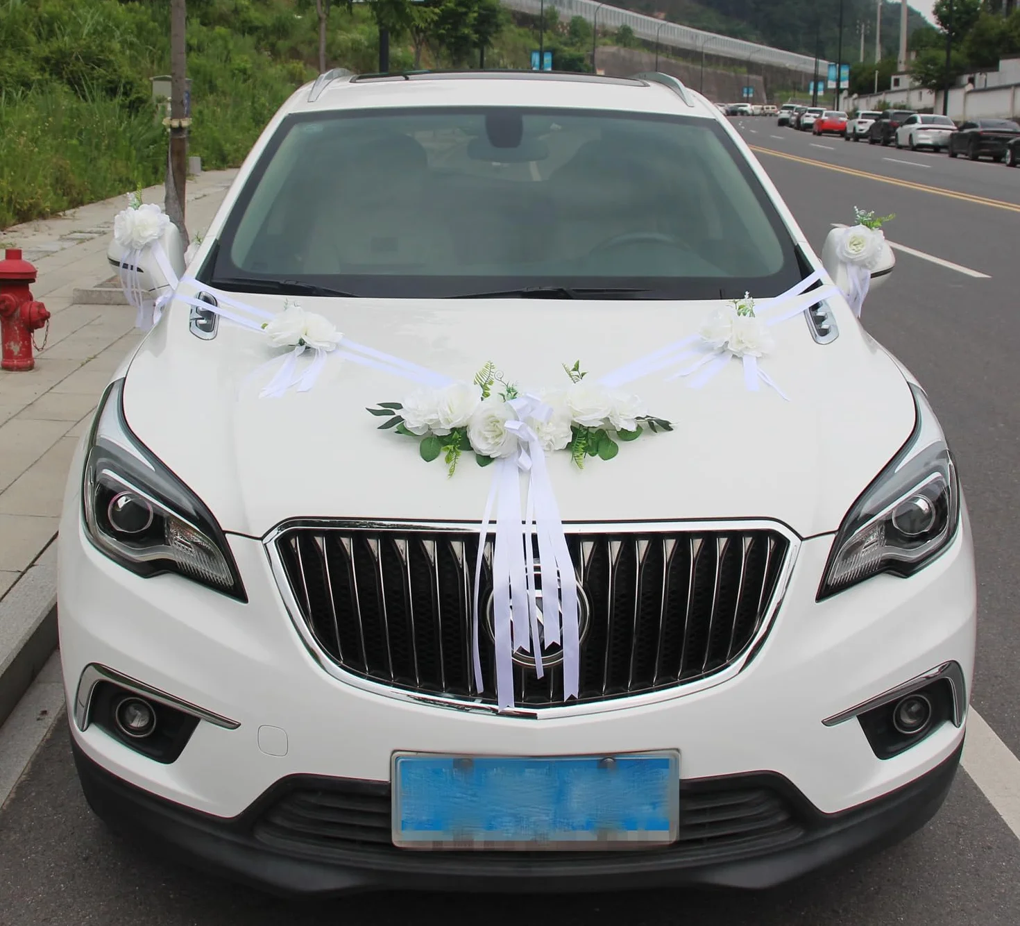 Chexin Ensemble de décoration de voiture de mariage Premium, roses blanches, capot mariée et marié