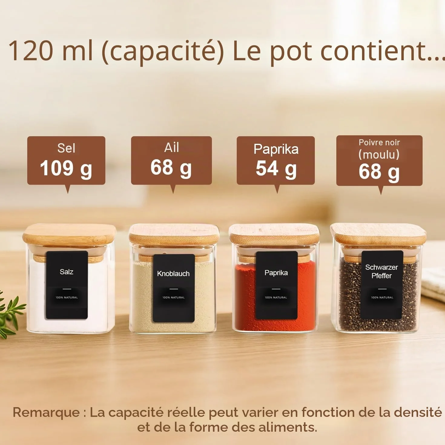 ComSaf Bocaux à Épices en Verre 12 x 120 ml avec Couvercle en Bambou, Pots Hermétiques avec 54 Étiquettes