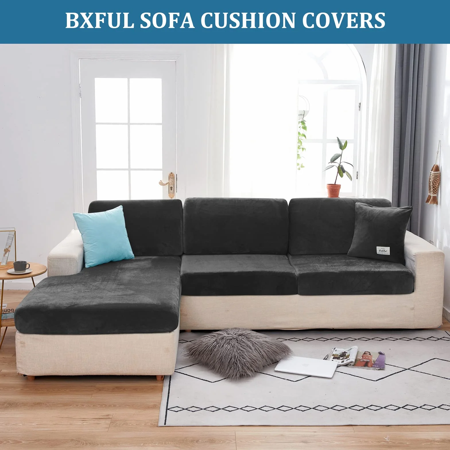 Housses de Coussin de Canapé en Velours Extensible, Remplacement pour Coussin Individuel (Grand 1 Place, Noir)