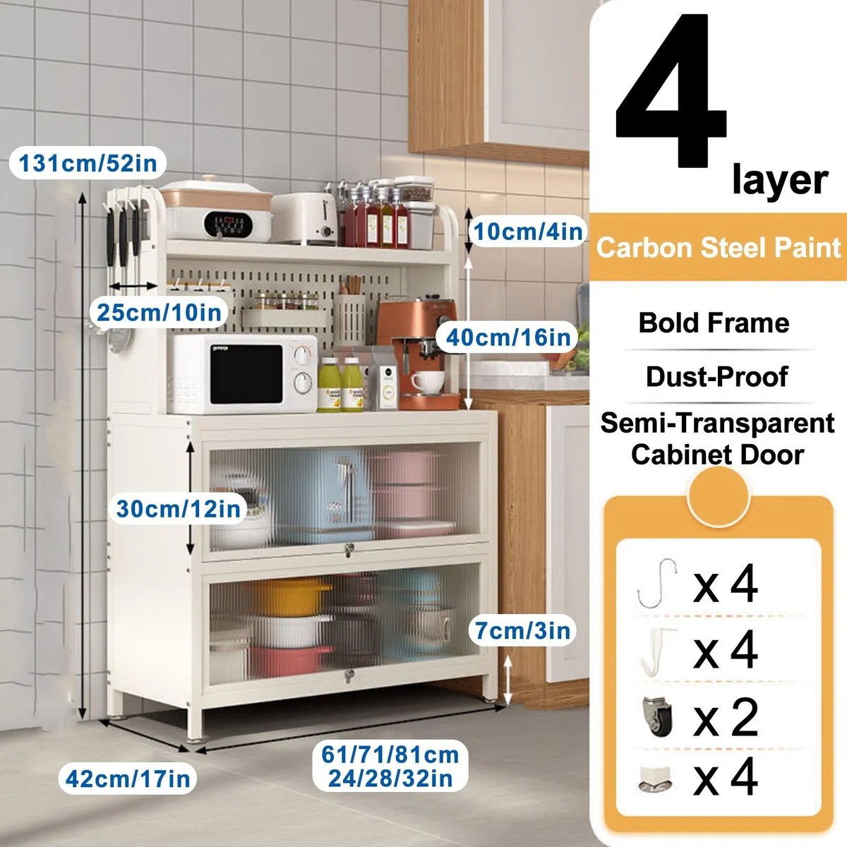 Support à micro-ondes à 4 niveaux, armoire de rangement, étagère de cuisine avec porte rabattable, fond de panier créatif à faire soi-même, pour garage, garde-manger, cuisine à domicile, épi