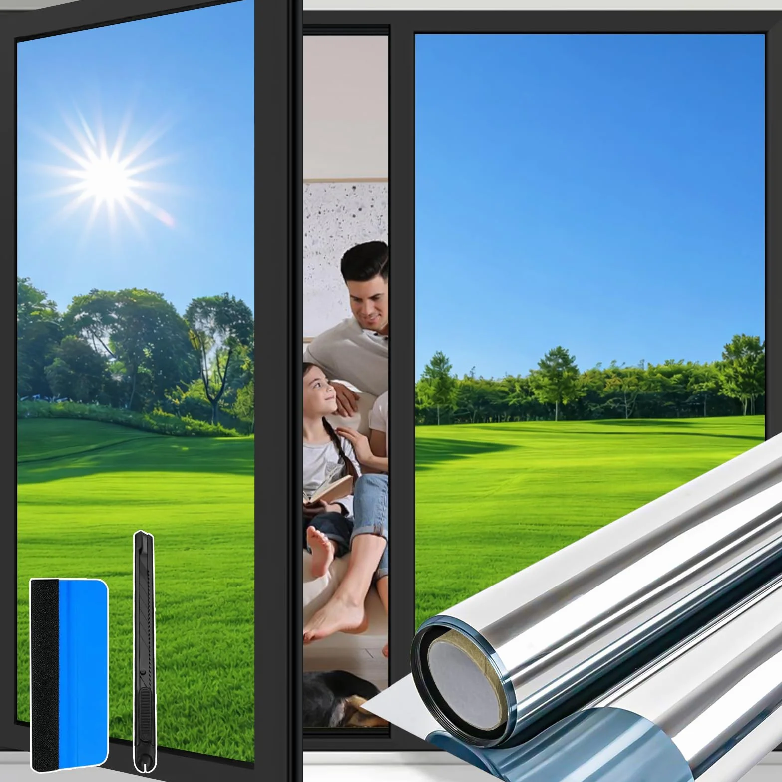 Film Fenetre Anti Regard sans Colle Anti Chaleur Effet Miroir sans Tain Brise Vue Anti UV 44.5x200cm