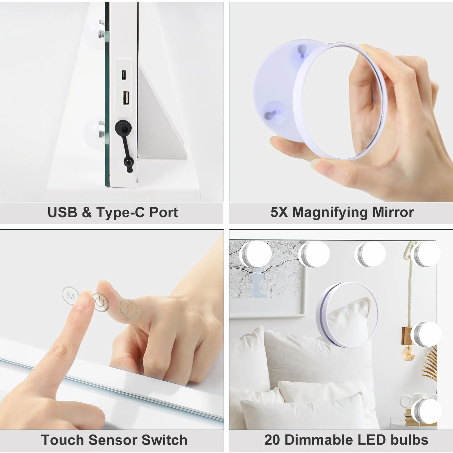Dripex Miroir Maquillage Hollywood 20 Ampoules LED 3 Modes Luminosité Réglable Contrôle Tactile 90 x 60 cm Blanc