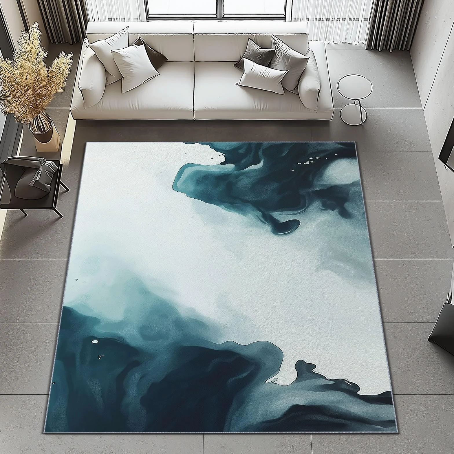 Grand Tapis Motif Aquarelle Abstraite Antidérapant Shaggy 80 x 150 cm Gris Bleu
