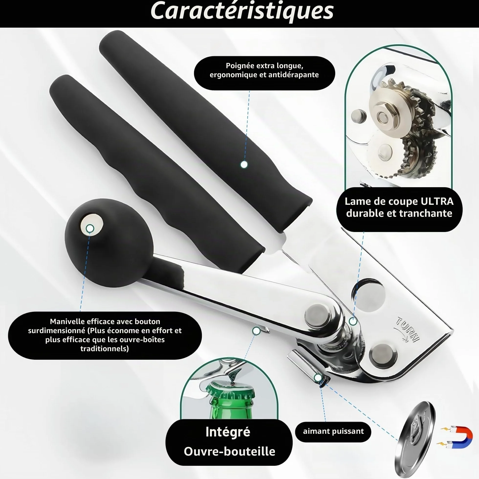 Ouvre-boîte en acier inoxydable professionnel manche confortable bord lisse Noir