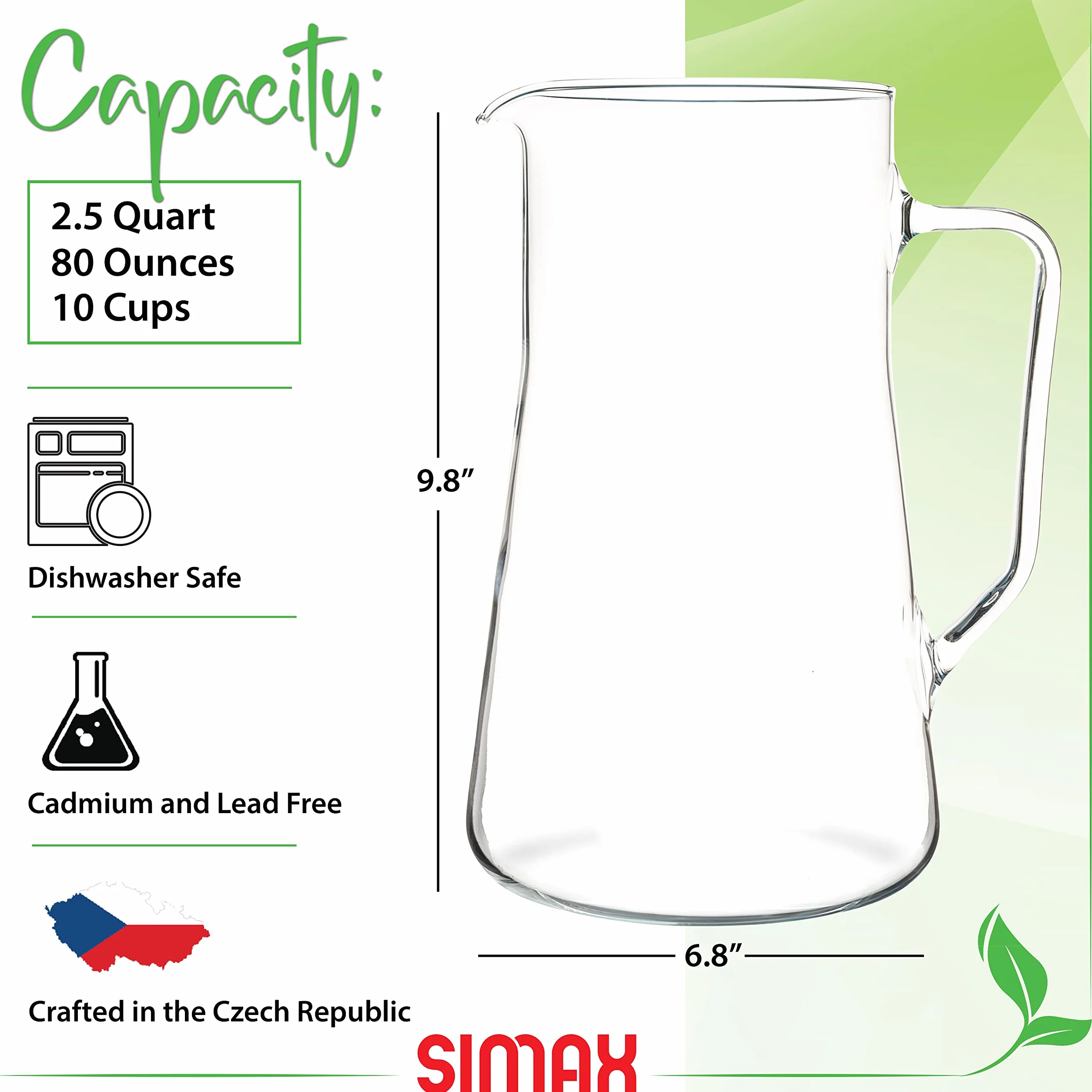 Simax Grand pichet en verre borosilicate 2,5 L avec bec verseur et poignée pour sangria et eau