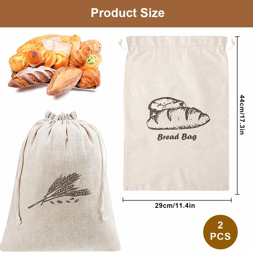 Sac à Pain Tissu Réutilisable 44 x 29 cm avec Cordon de Serrage pour Cuisine, Pain, Fruits et Légumes