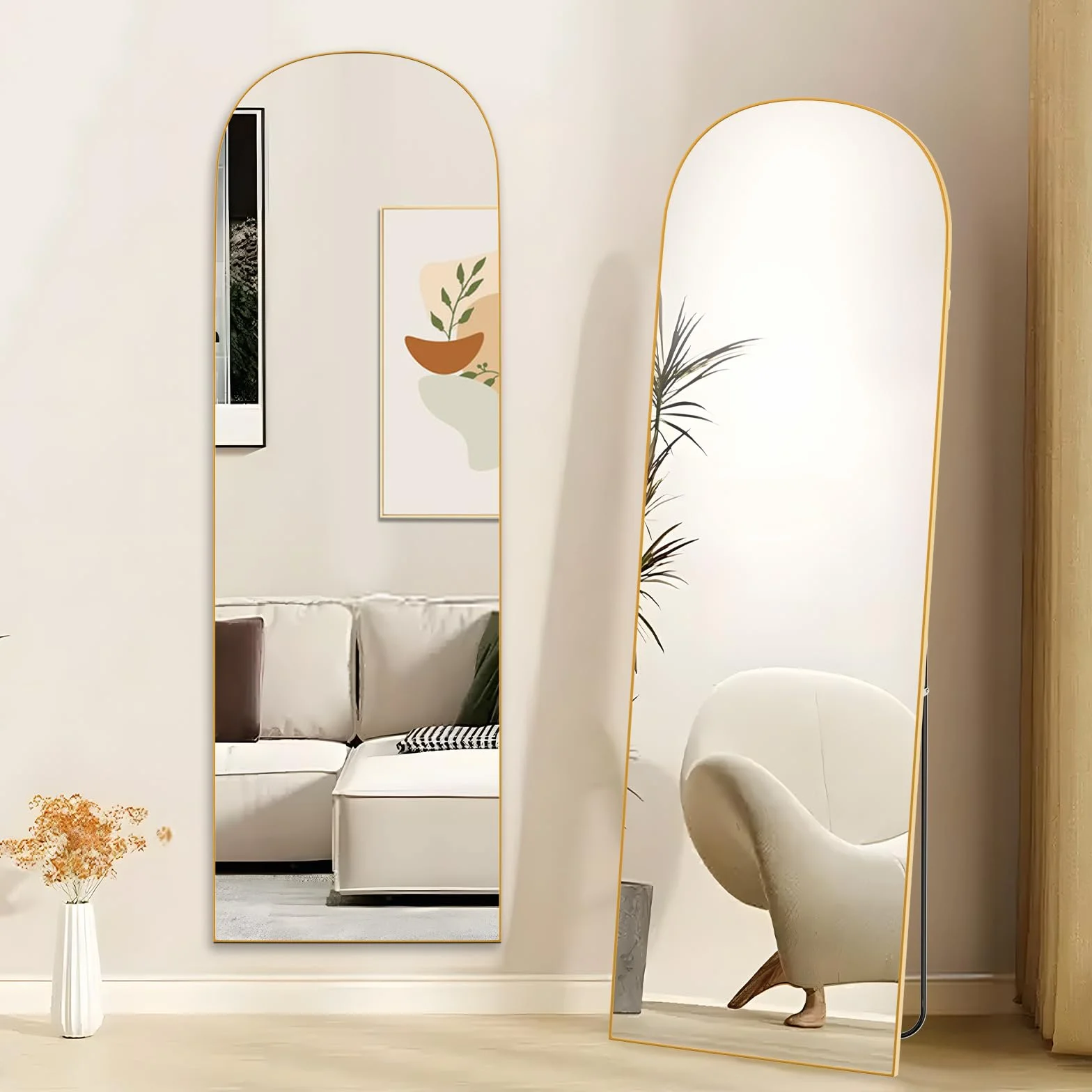 Miroir sur Pied Arqué 162x52cm, Grand Miroir Mural Pleine Longueur, Arc Doré