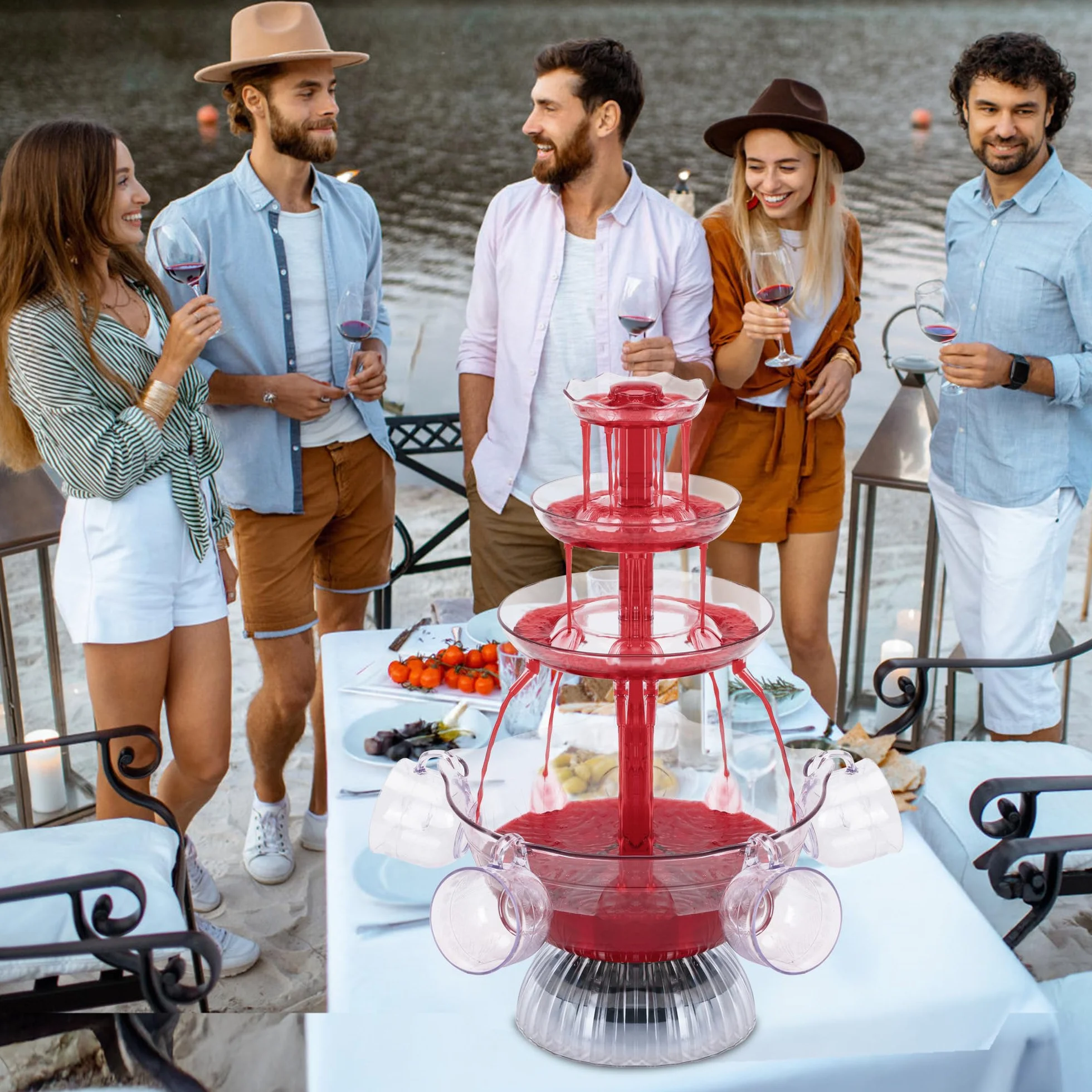Fontaine à Vin Rouge 3 Niveaux Électrique avec 5 Tasses et Éclairage LED pour Fêtes