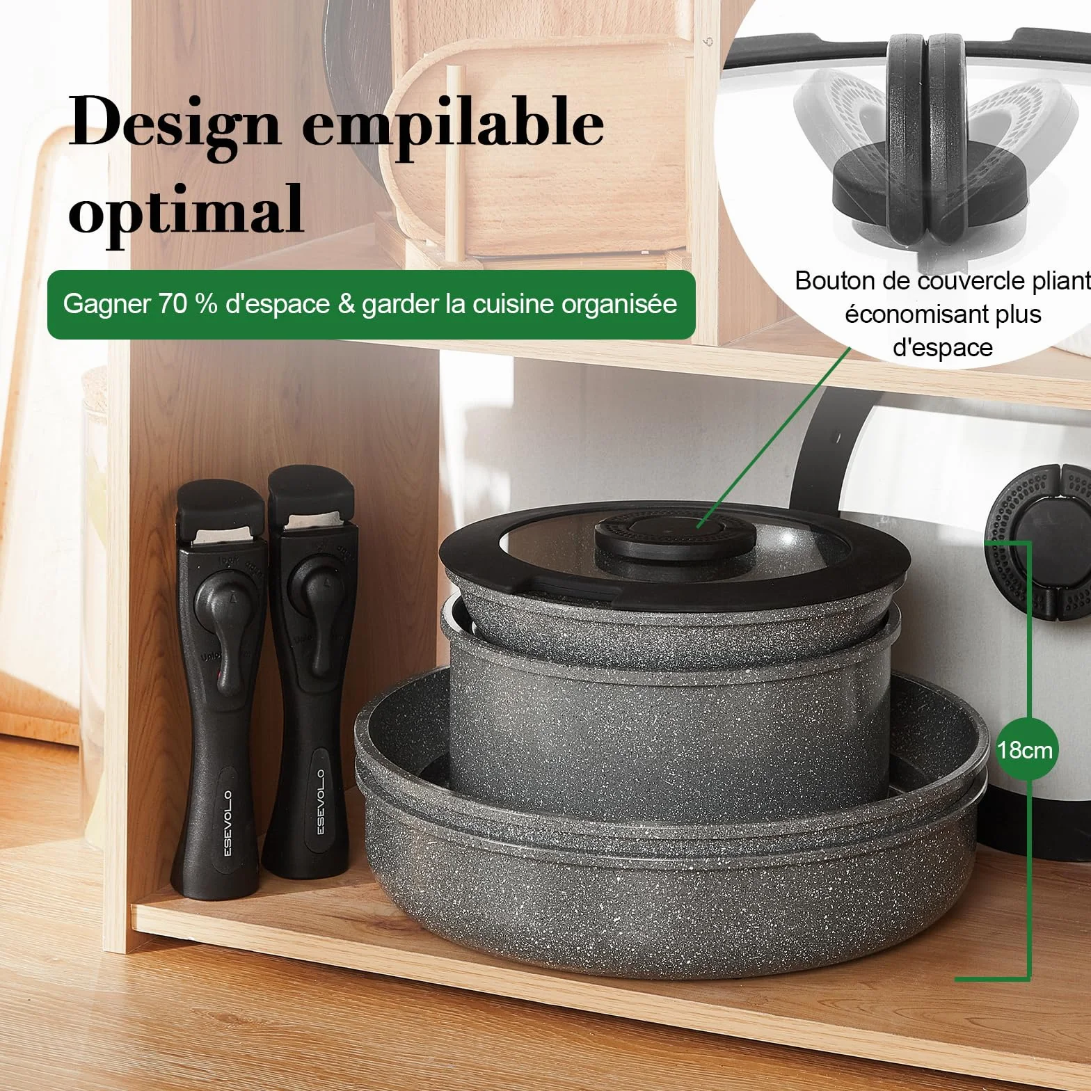 Batterie de cuisine induction 16 pièces 20cm/28cm poignées amovibles empilable antiadhésif céramique sans PFAS gris