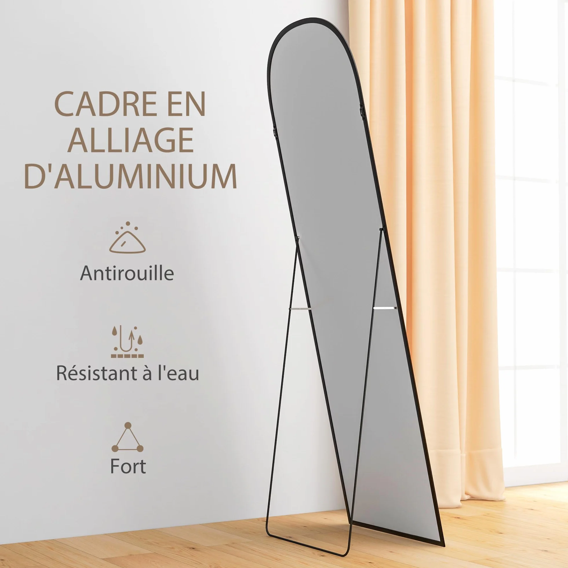 HOMCOM Miroir sur Pied Mural Rectangulaire Cadre Aluminium 50 x 161,5 cm Noir