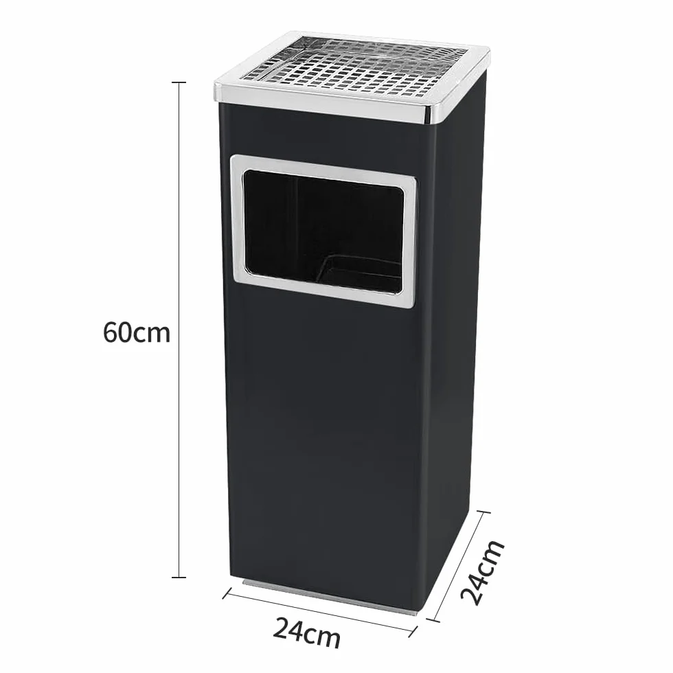 Poubelle en acier inoxydable 35L avec cendrier sur pied, 24x24x60 cm noir