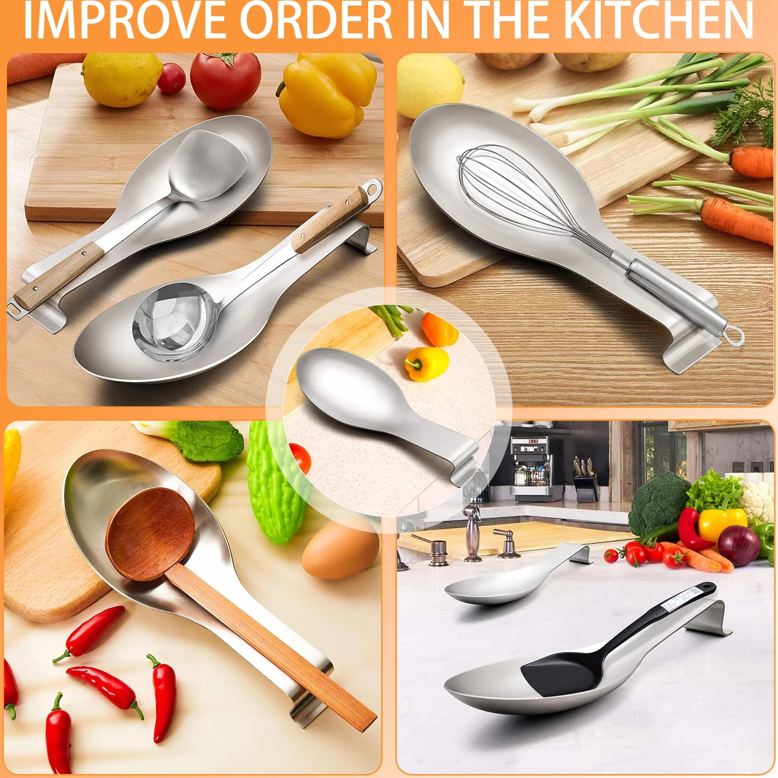 Repose Cuillère En Acier Inoxydable Multifonction, Porte-Cuillère Pour Cuisinière, Repose Cuillère à Chaleur De Cuisine, Argenté