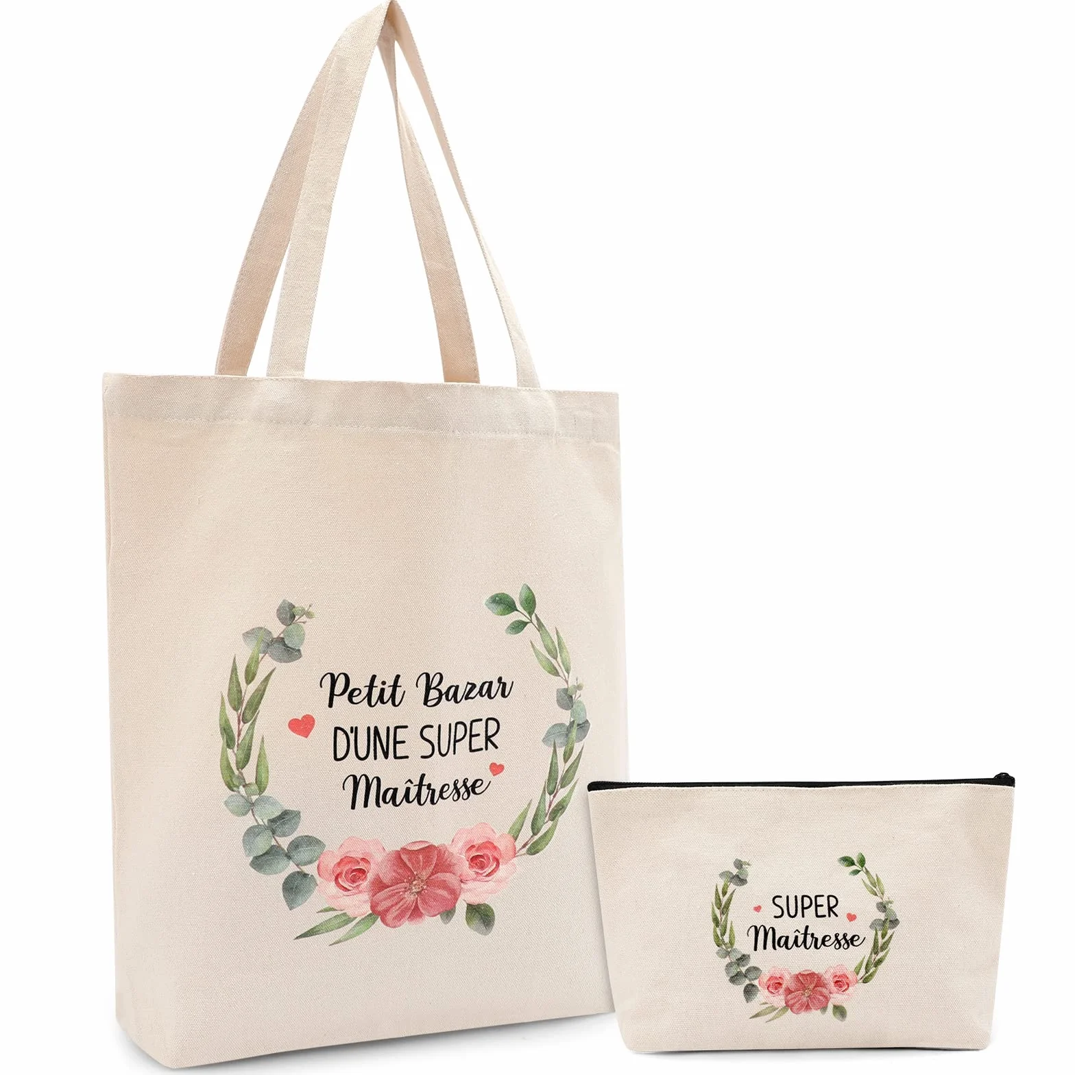 Lot de 2 Tote Bags Coton Femme avec Petite Pochette Sac Tissu