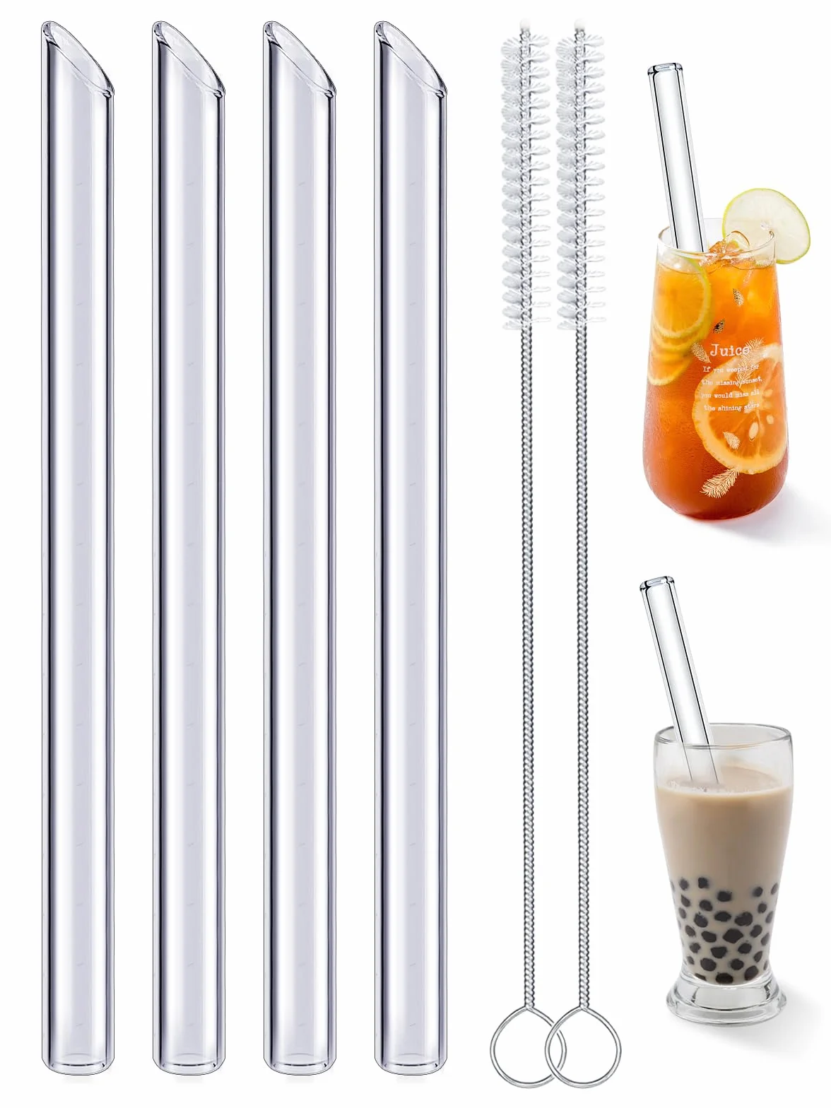 Realure Lot de 4 Pailles en Verre Transparente 14mm 21.5cm pour Bubble Tea Smoothie Cocktail