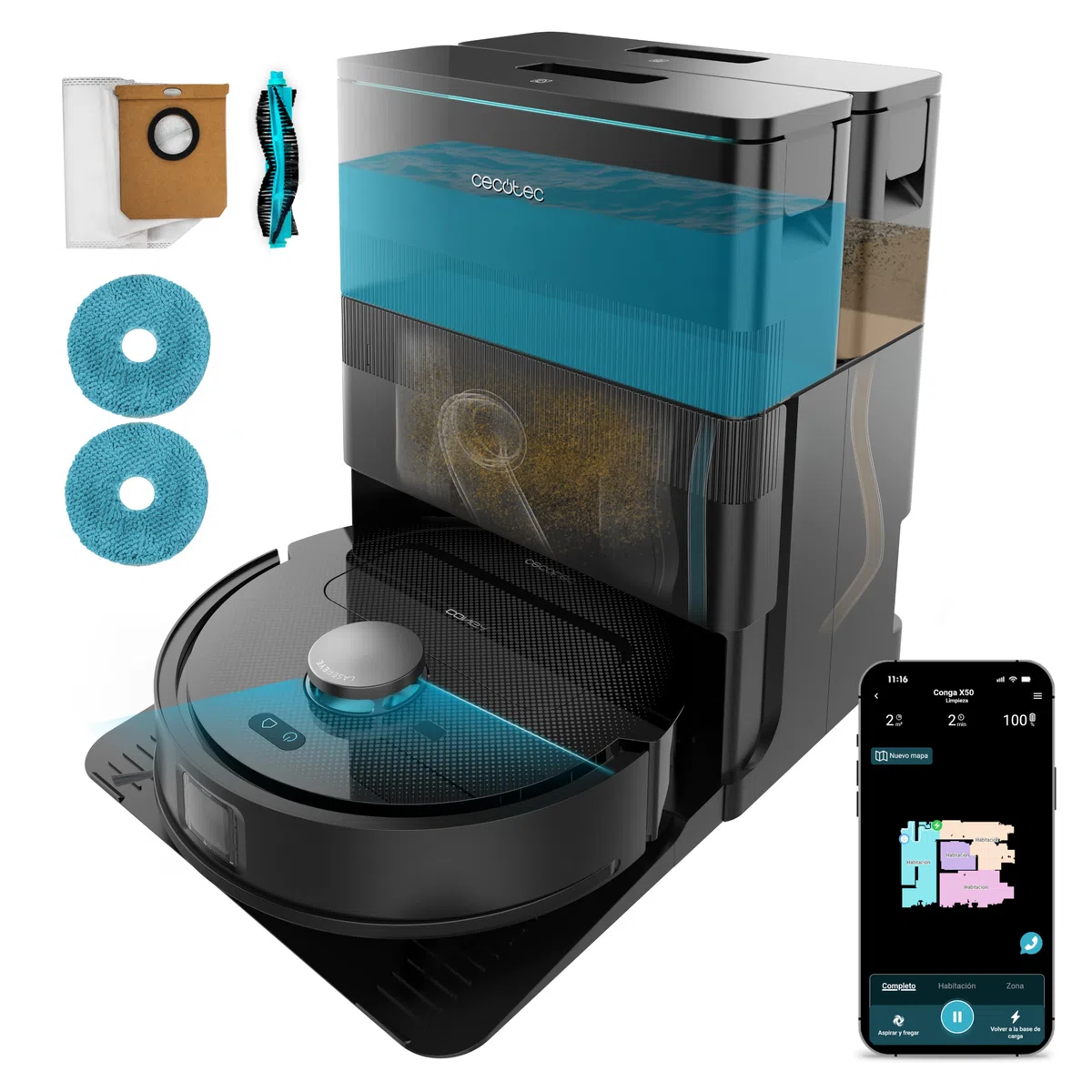 Cecotec Robot Aspirateur et Laveur de Sols avec Base d'Auto-vidage et App Conga X50 X-Treme. Navigation Laser, 15000Pa, Autonomie 240min, Serpillières Élevables, Base avec 3 Réservoirs