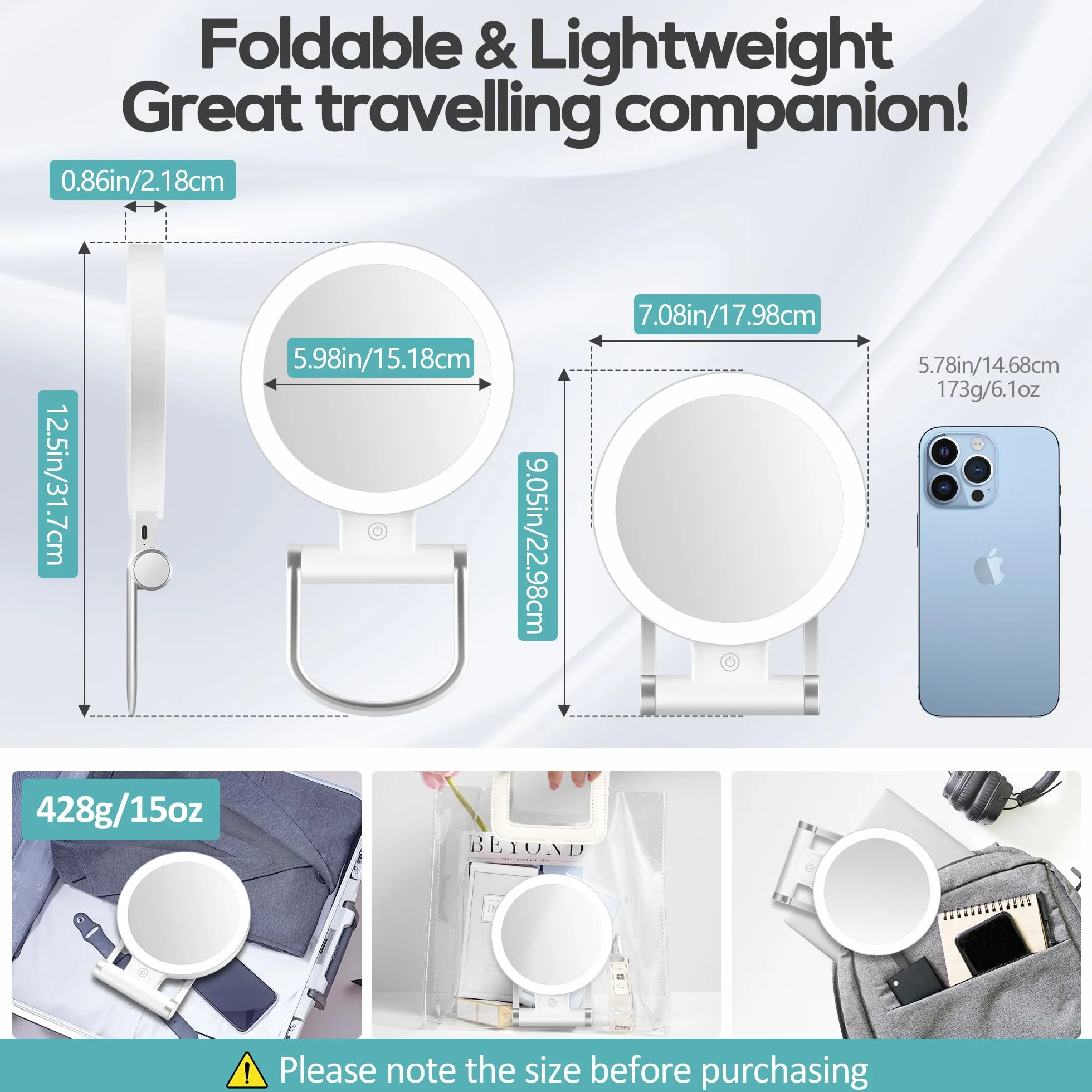 B Beauty Planet Miroir grossissant Double Face 1X/30X avec lumière, 3 Modes d'éclairage, 2000mAh, Miroir de Maquillage de Voyage Compact
