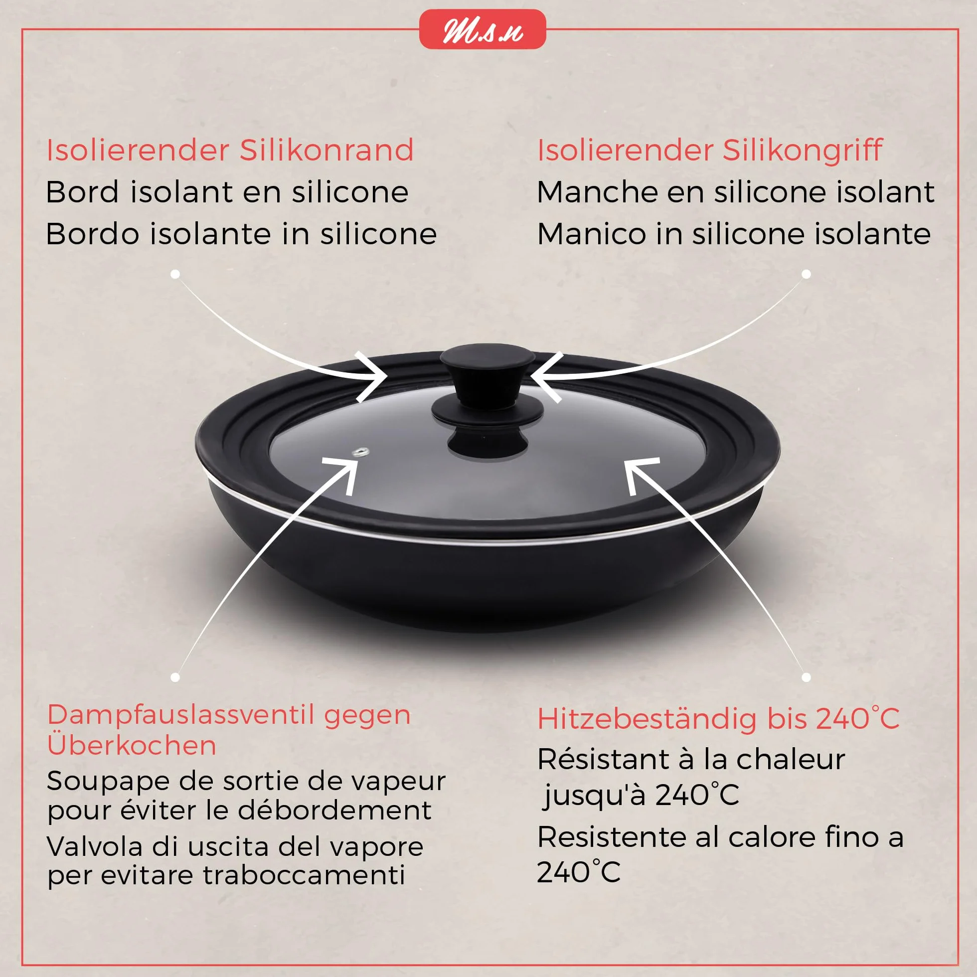 Lot de 2 couvercles en verre pour casseroles et poêles 16/18/20 cm et 24/26/28 cm, avec soupape d'échappement et bord en silicone noir