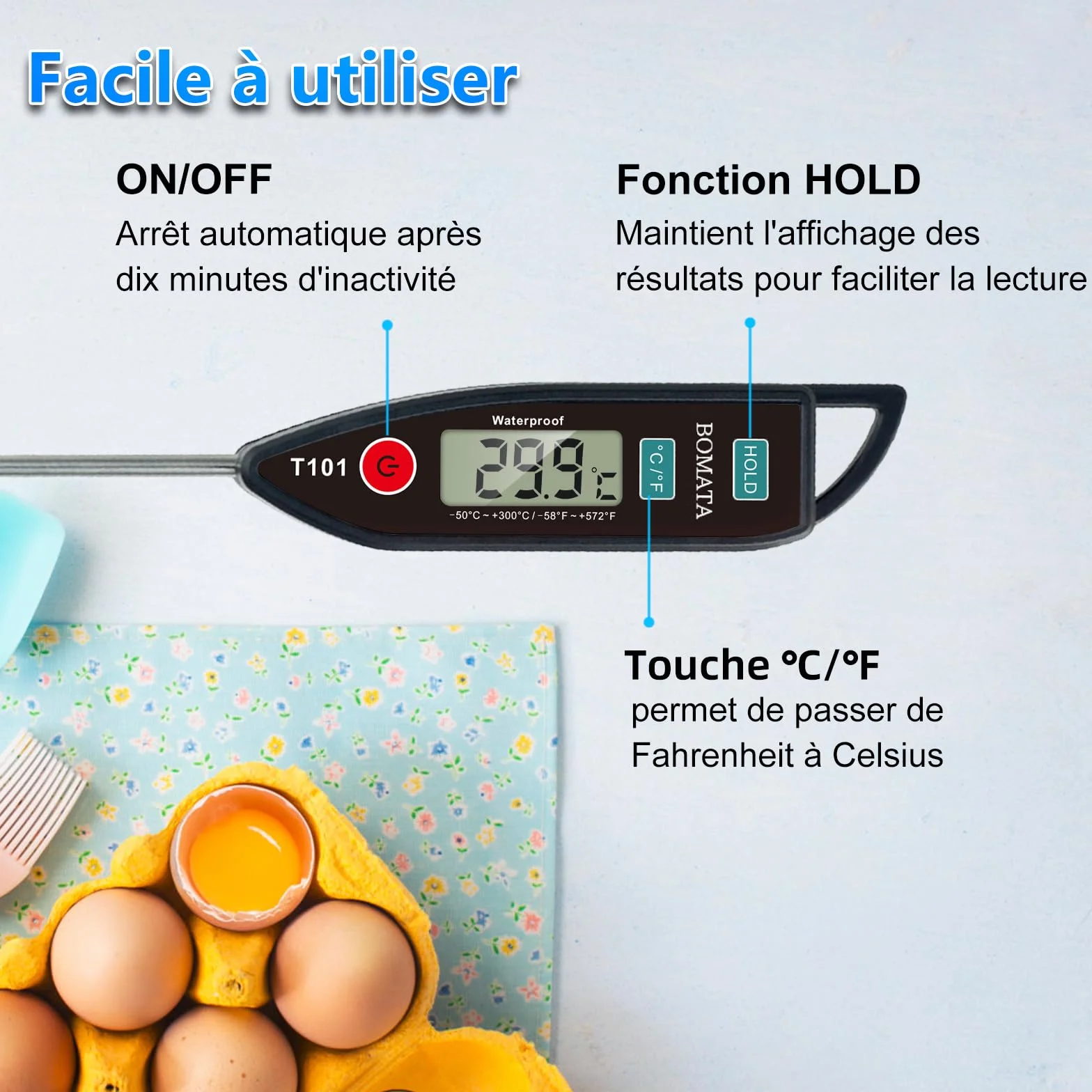 BOMATA Thermomètre étanche IPX7 T101 Noir, sonde longue lecture instantanée