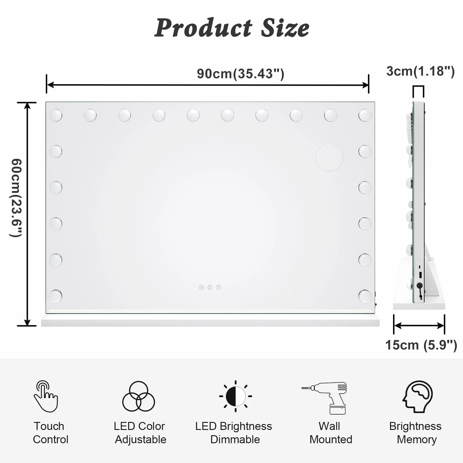Dripex Miroir Maquillage Hollywood 20 Ampoules LED 3 Modes Luminosité Réglable Contrôle Tactile 90 x 60 cm Blanc