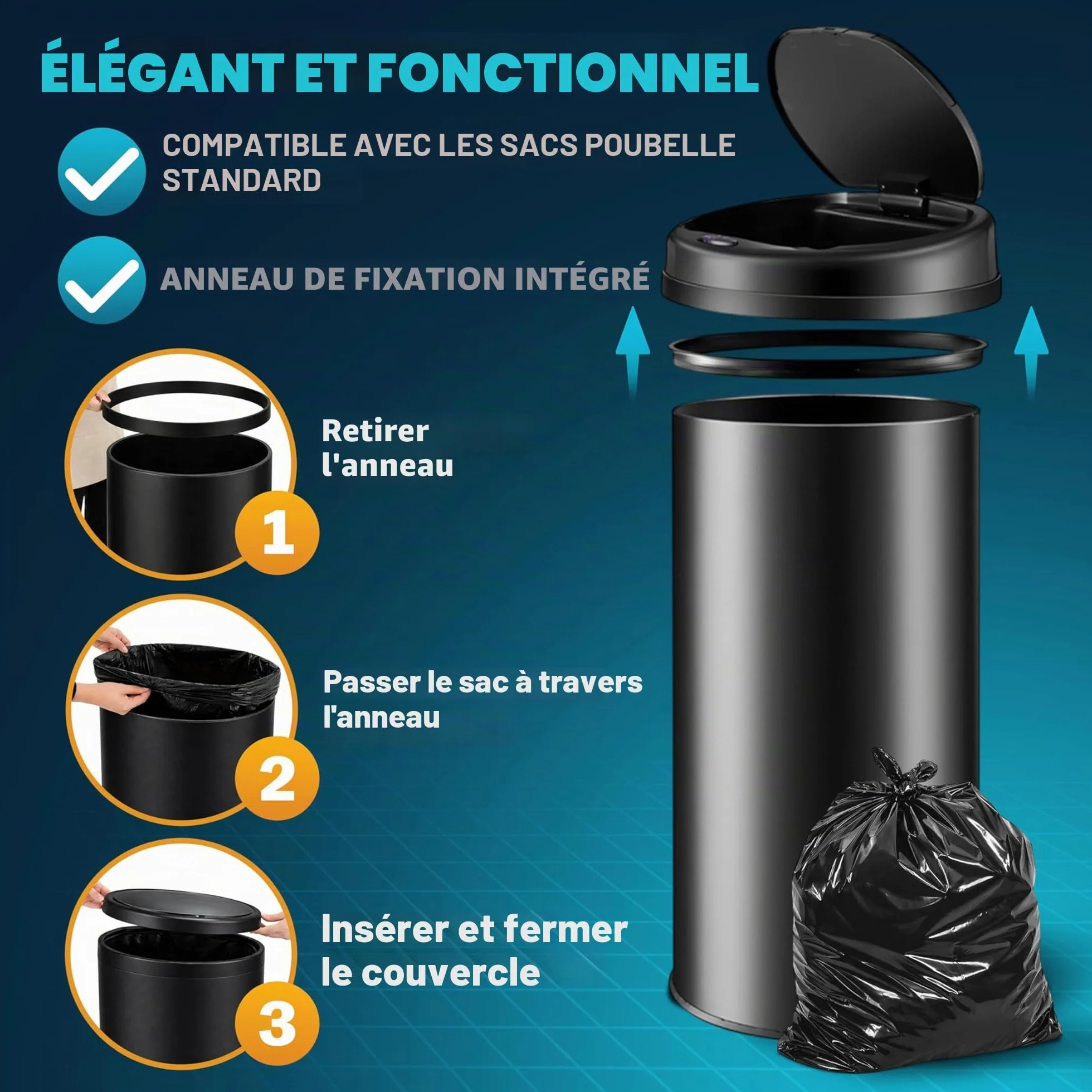Poubelle automatique acier inoxydable 30L capteur mouvement imperméable sans contact LED USB noir