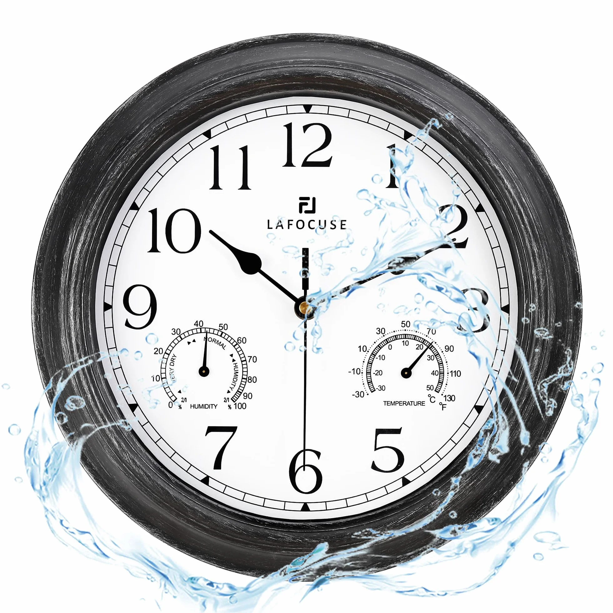 Lafocuse Horloge Murale Exterieure Etanche 30cm avec Thermomètre et Hygromètre Vintage Noir
