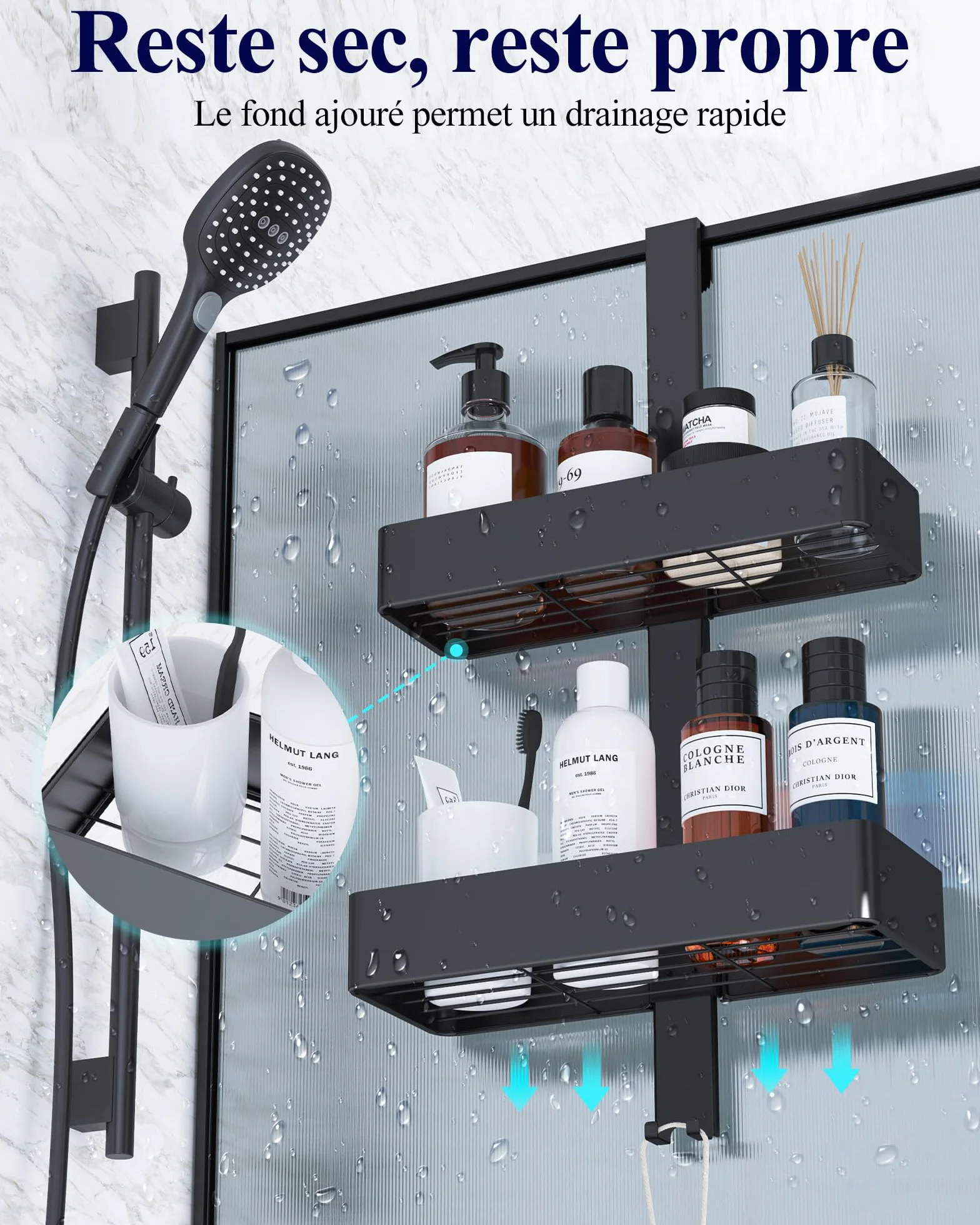 Kitsure Étagère Douche Suspendue 2 Niveaux sans Perçage Antirouille Rangement Salle de Bain Noir 29,1 x 11,2 x 55,3 cm