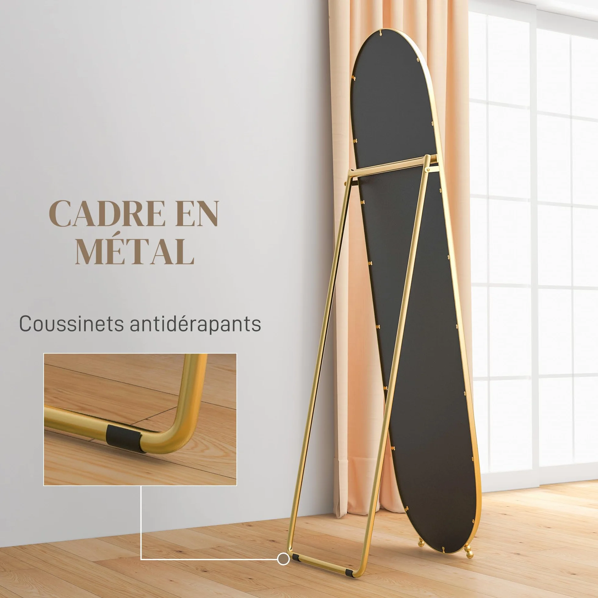 HOMCOM Grand Miroir sur Pied Ovale Cadre en métal doré 40 x 160 cm
