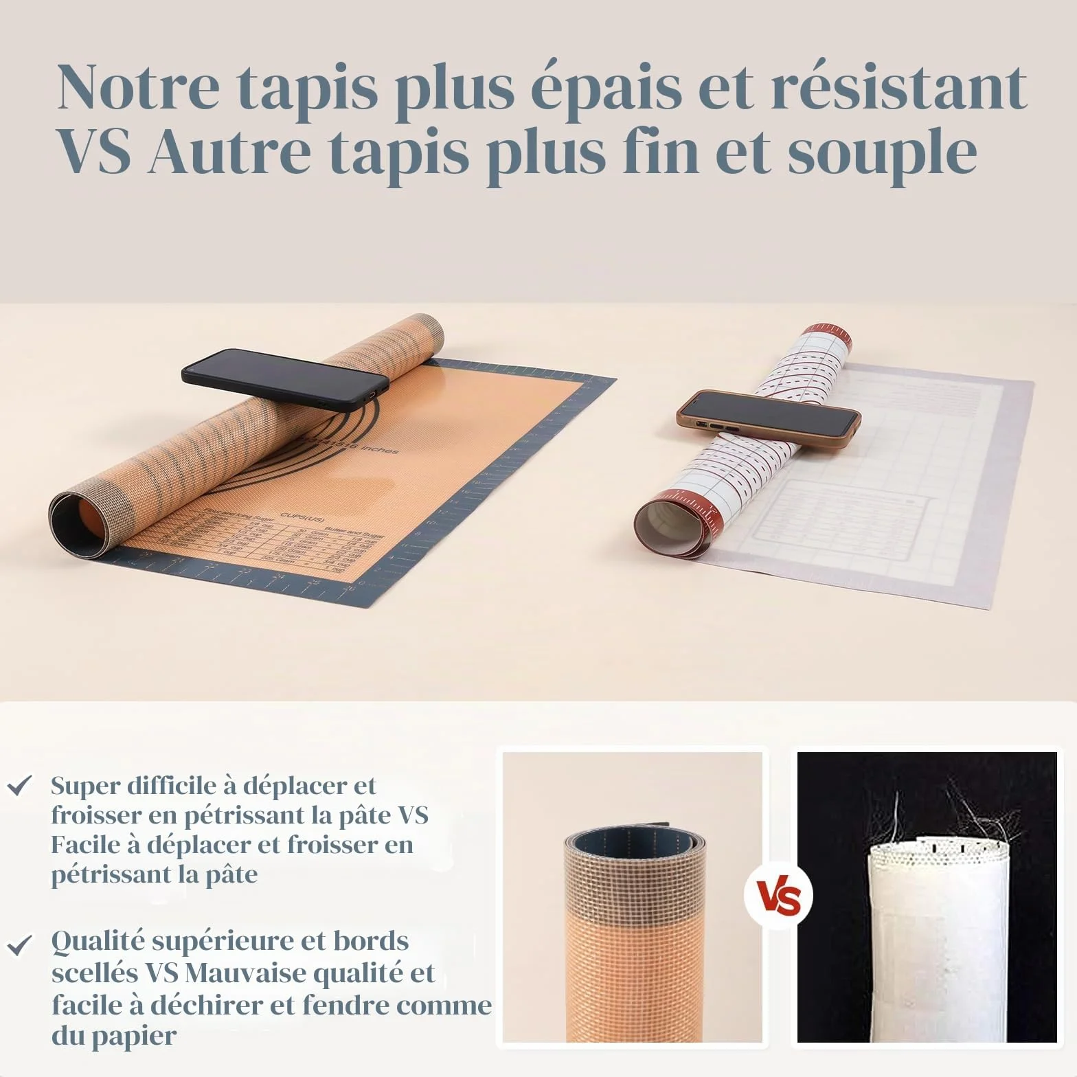 Tapis à Pâtisserie en Silicone Antidérapant 71×51cm avec Grattoir à Pâte Gris