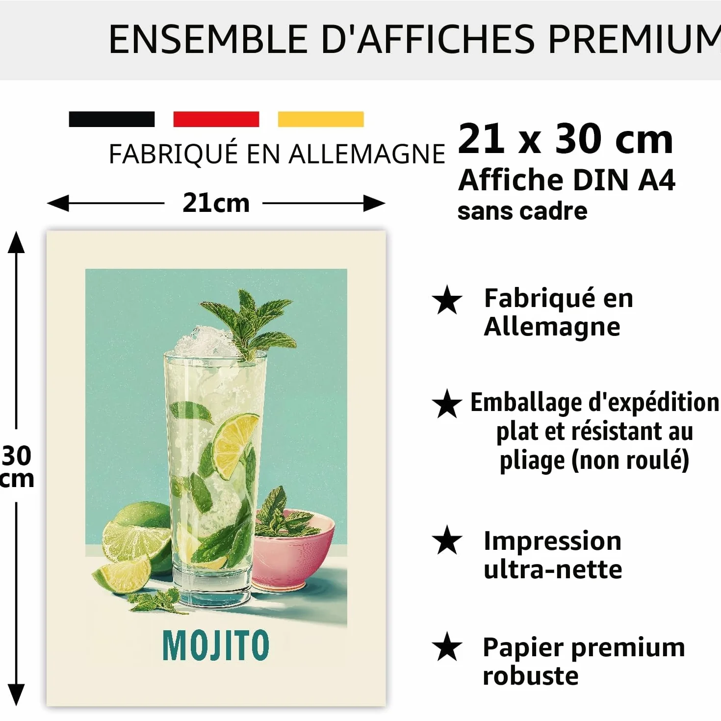 LAVEMA Lot de posters rétro cocktail A4 (21 x 30 cm) Vintage Aperol Spritz Mojito Limoncello Décoration murale cuisine
