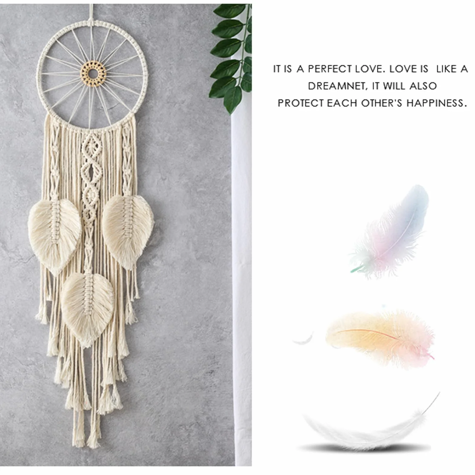 Attrape-rêves feuille tissée double cercle macramé tenture murale beige