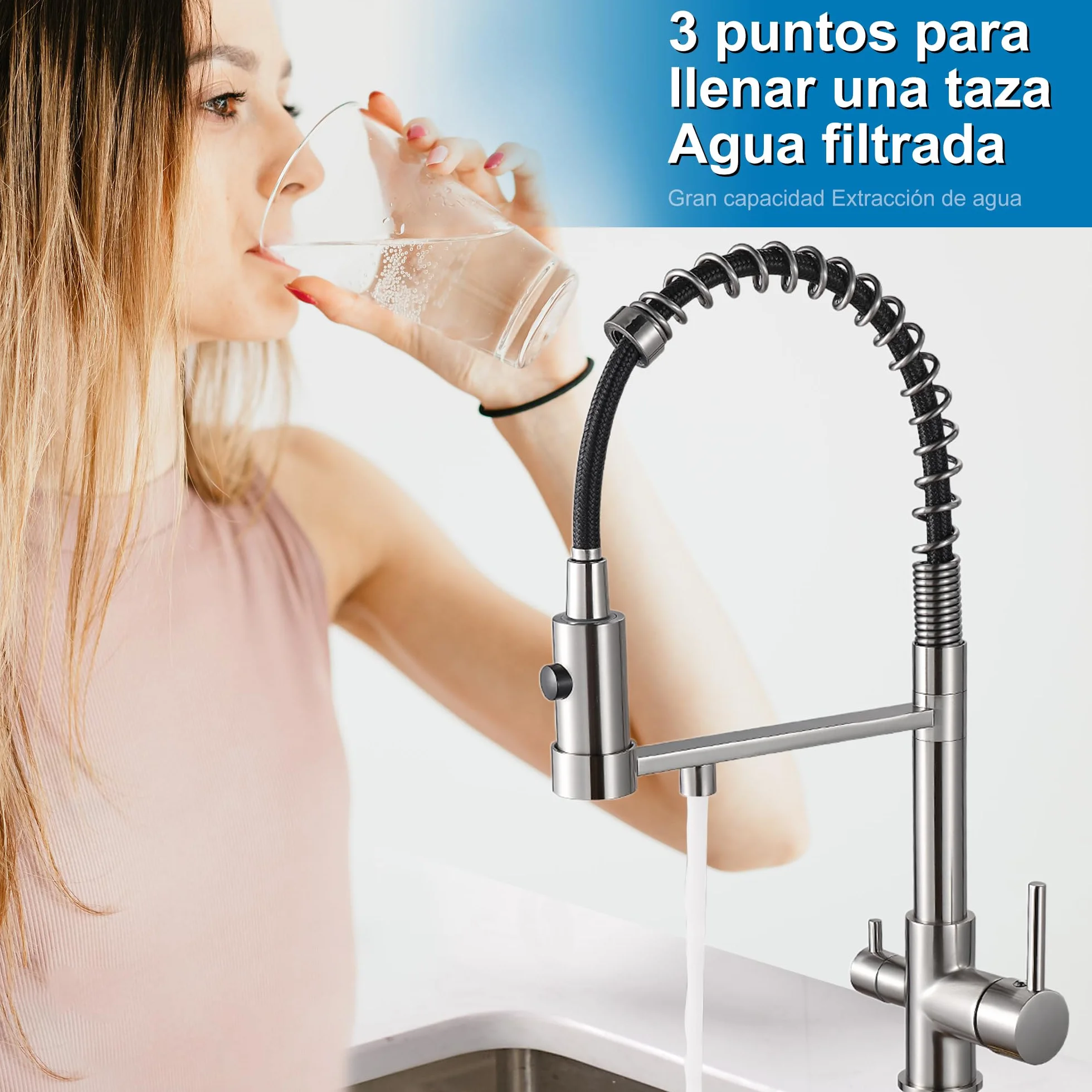 Robinet de cuisine 3 voies extensible en laiton 3 en 1 pour filtre à eau Nickel brossé