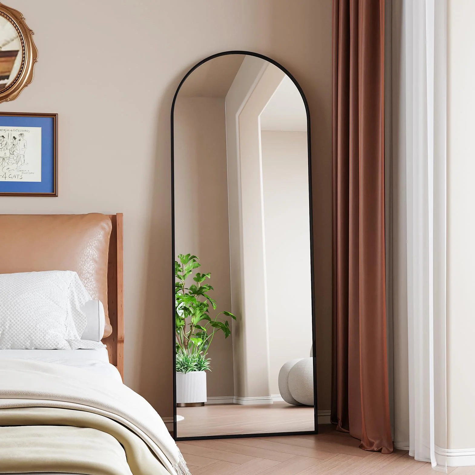 Miroir sur Pied 162x53 cm Grand Miroir Arqué Aluminium Noir Cadre Pleine Longueur