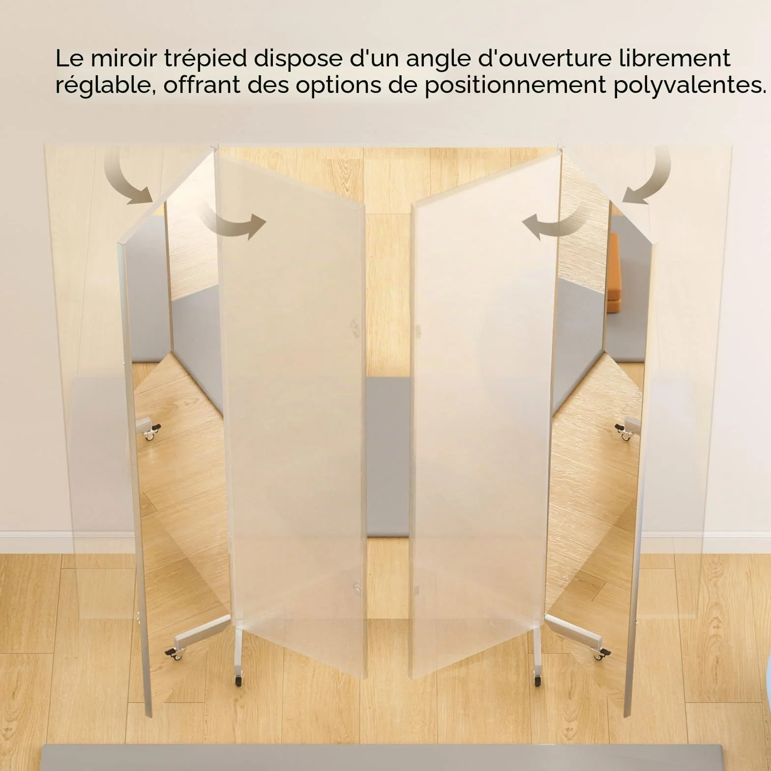 brisafe Grand Miroir Pleine Longueur 180 x 180 cm sur Pied 3 Côtés Pliable avec Roulettes Rotatif 360° Nano Incassable Blanc