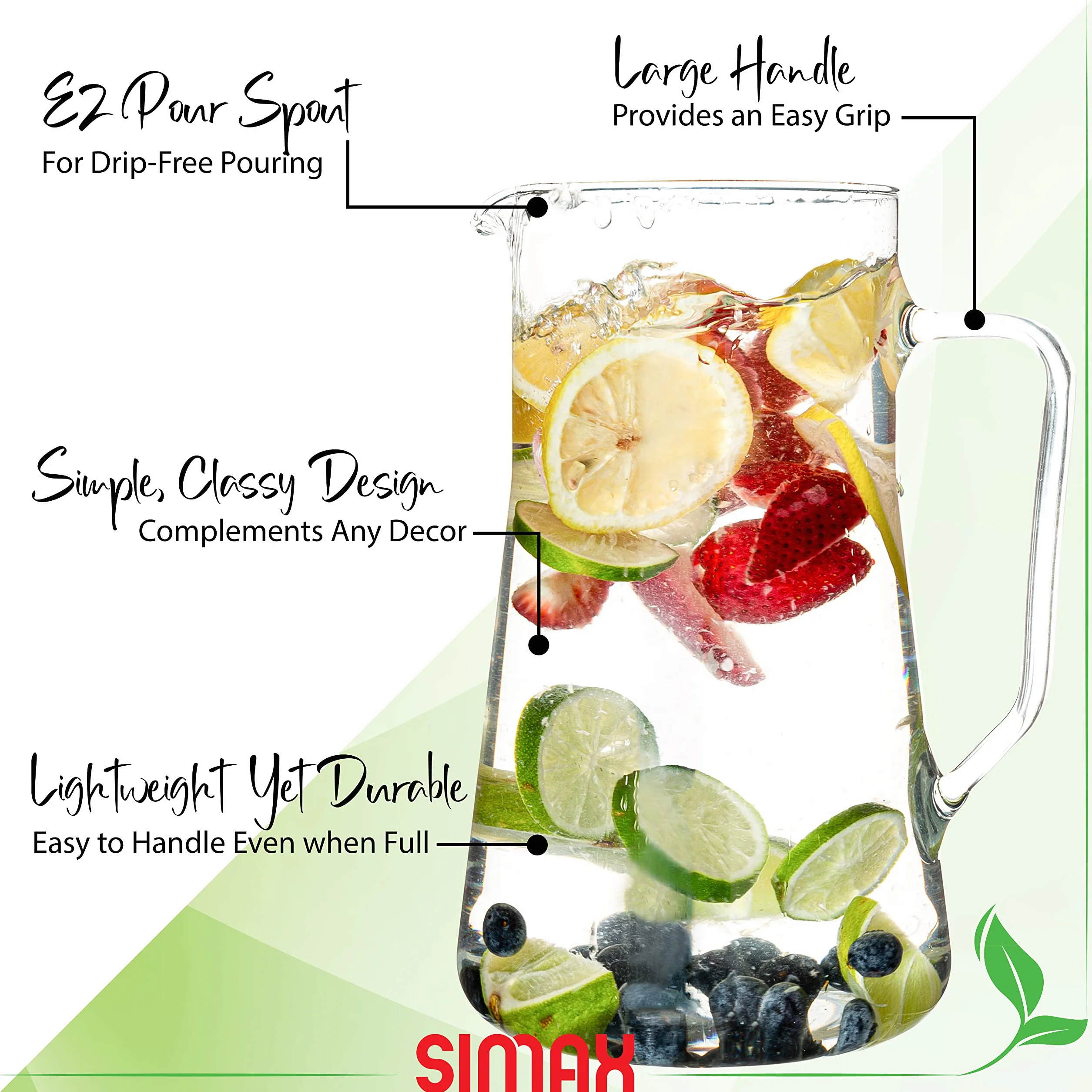Simax Grand pichet en verre borosilicate 2,5 L avec bec verseur et poignée pour sangria et eau