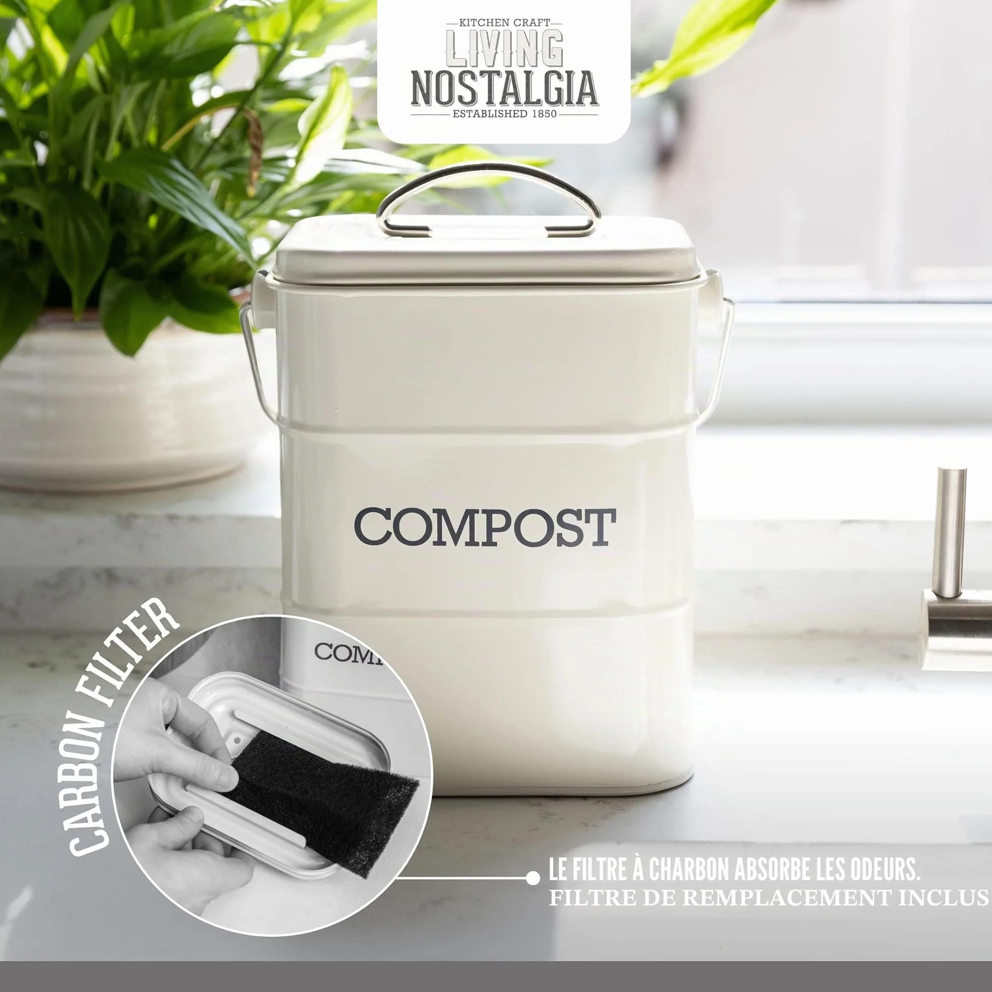 KitchenCraft Living Nostalgia Composteur De Cuisine Métal 16,5x12x24 cm Crème Antique