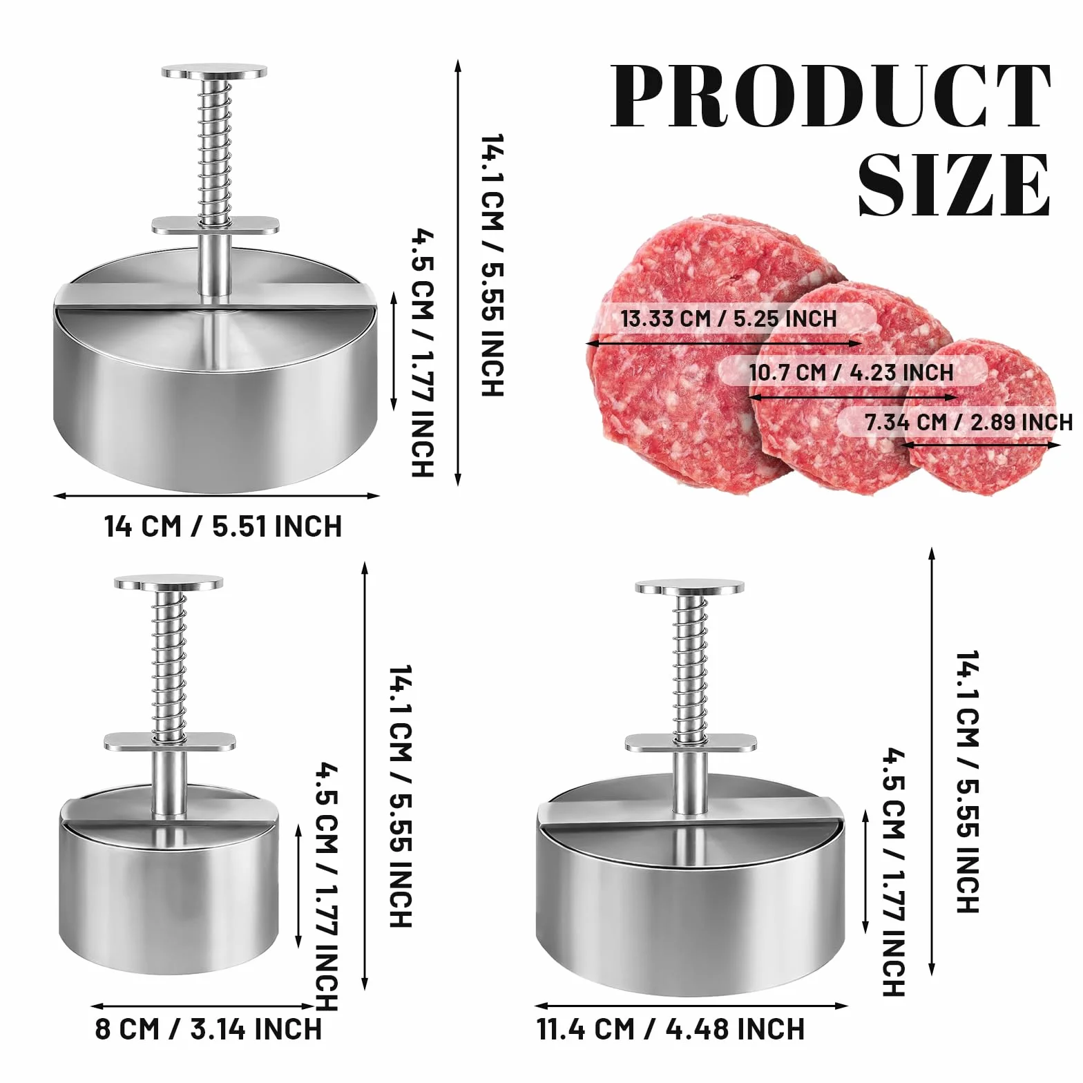 Presse à Burger Acier Inoxydable 304, Moule Steak Haché 8/11,5/14 cm, Antiadhésif pour Barbecue