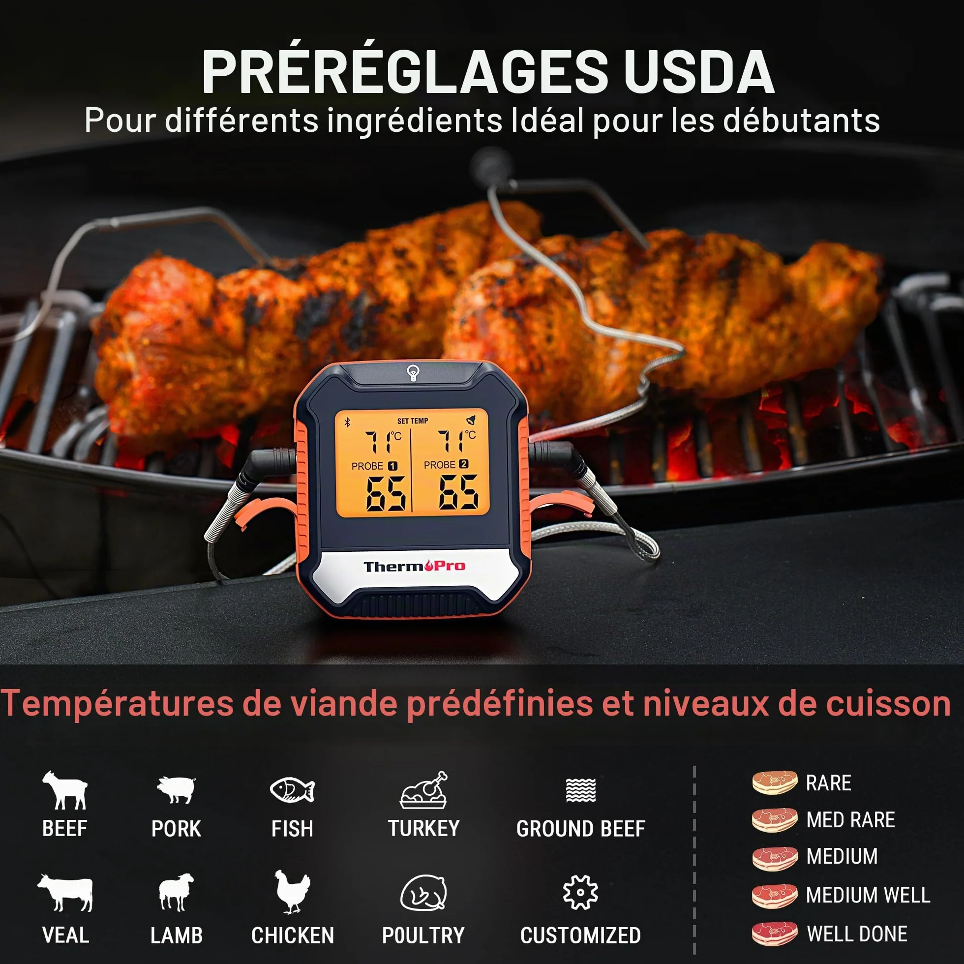 ThermoPro TempPro TP904 Thermomètre à viande numérique sans fil Bluetooth 135 m avec double sonde