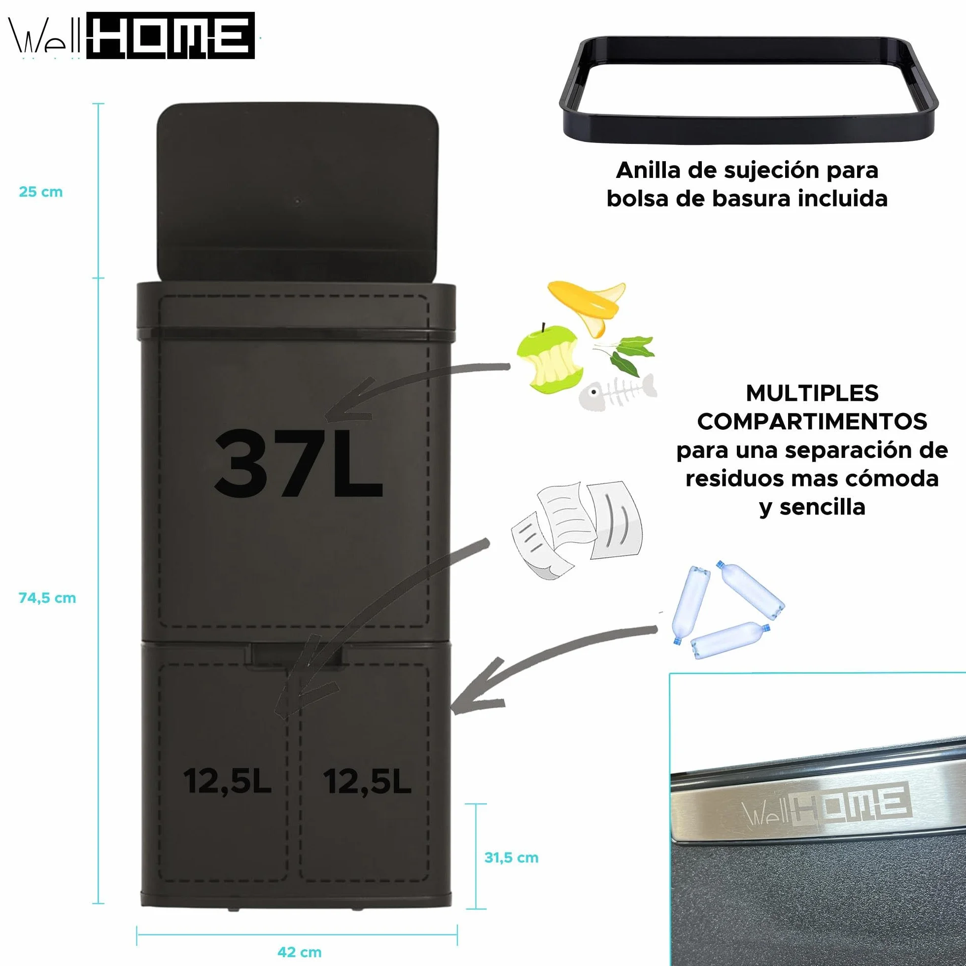Poubelle de recyclage 62 L acier inoxydable noir ouverture automatique capteur 2 compartiments