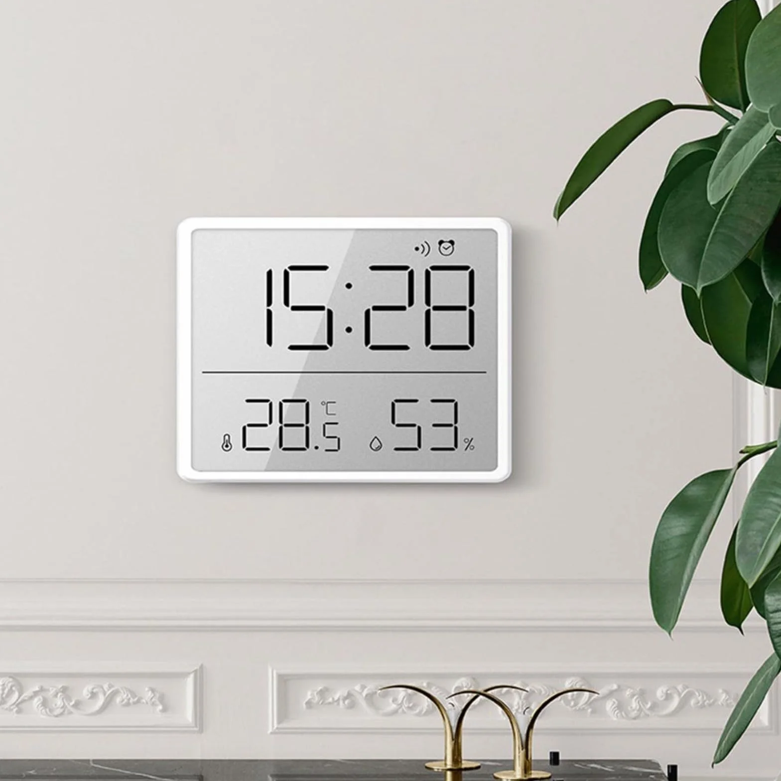 Thermomètre-hygromètre numérique avec horloge, grand écran, aspiration magnétique 9,3 x 7,3 x 1,5 cm blanc