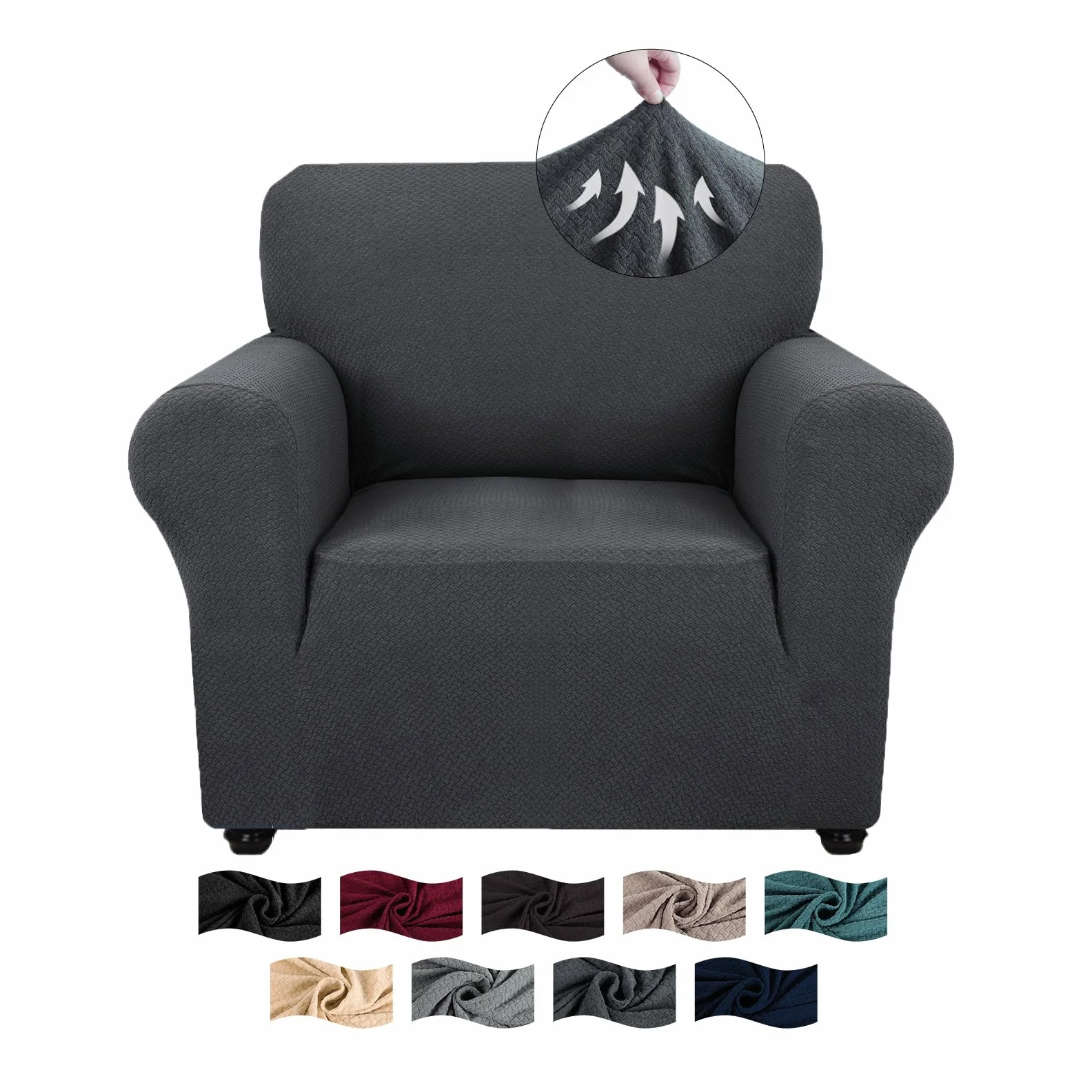 Housse Fauteuil 1 Place avec Accoudoirs Jacquard Universelle Antidérapante Lavable Gris Foncé