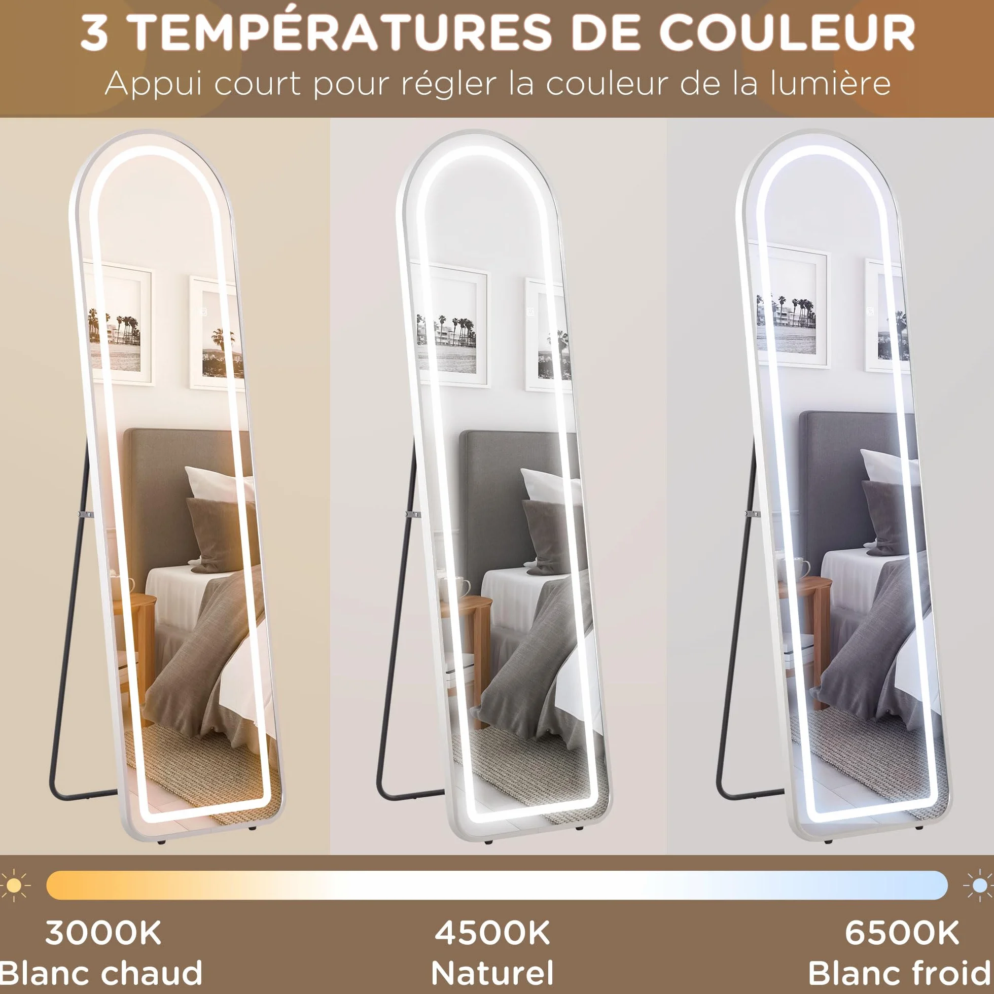 HOMCOM Miroir Pleine Longueur LED 150x40 cm 3 Couleurs Lumière Réglables Interrupteur Tactile Fonction Mémoire Argent