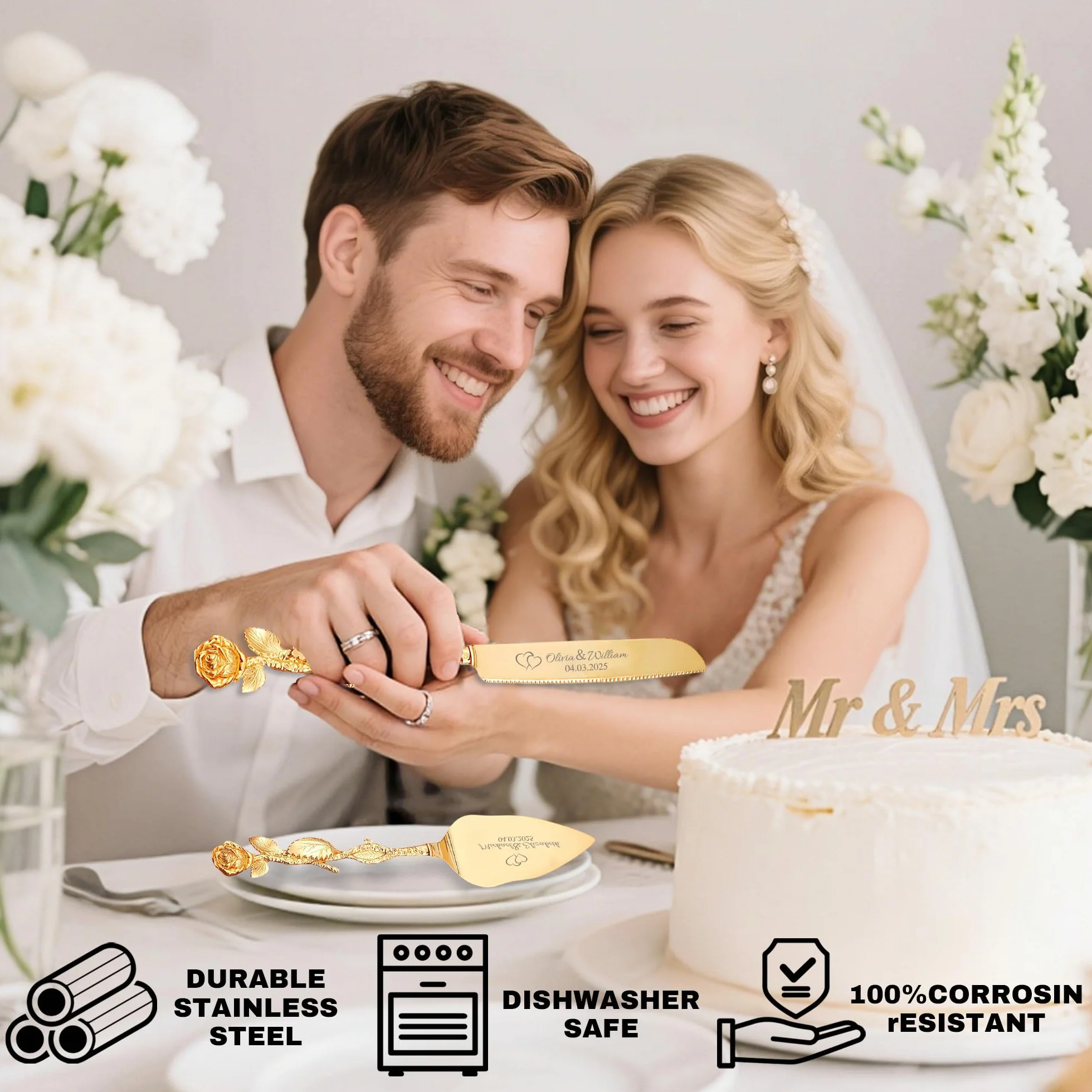 Couteau à Gâteau de Mariage Personnalisé en Acier Inoxydable avec Gravure