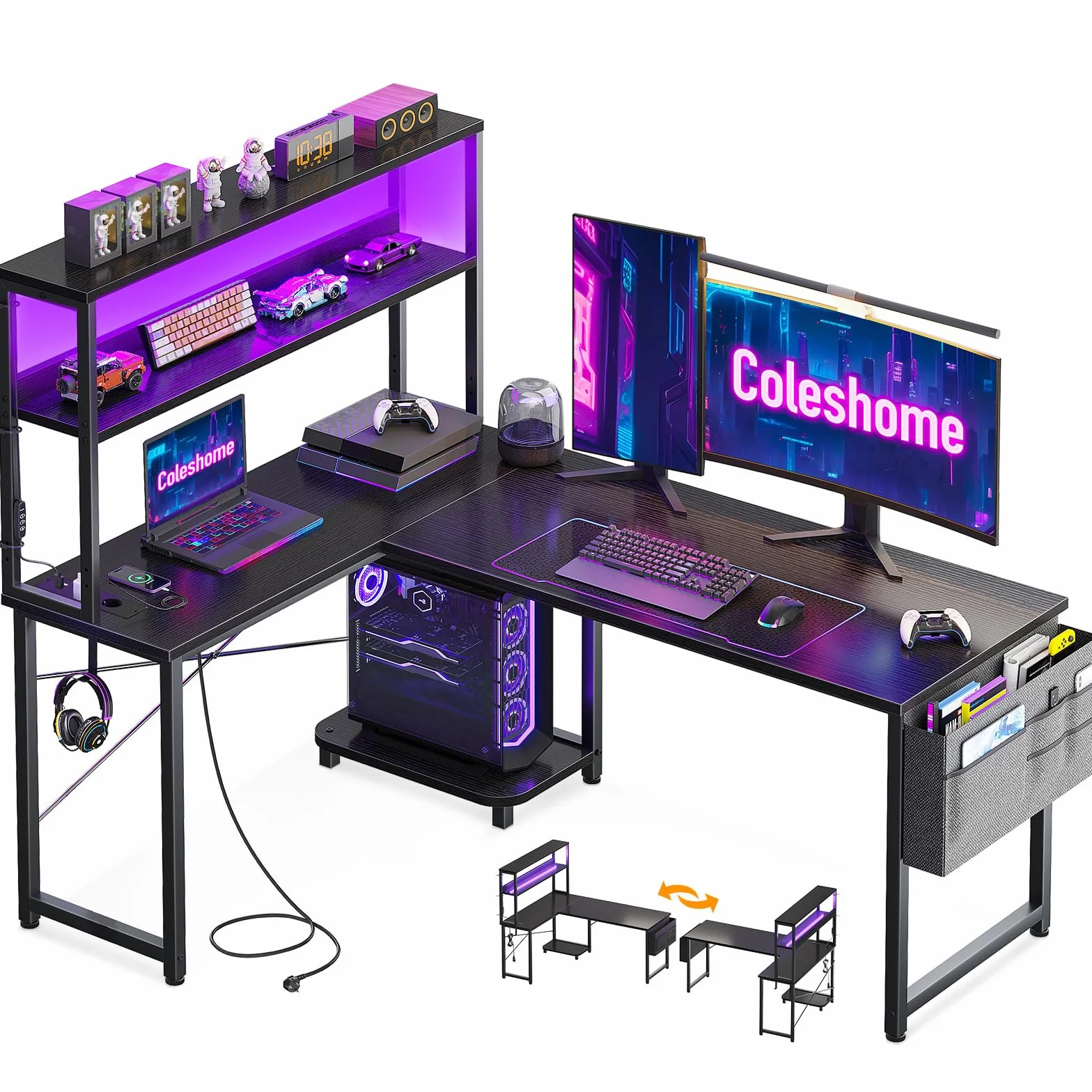 Coleshome Bureau Gaming Angle LED Prises 135x100 cm Réversible Étagères Table en L Sac Rangement Crochet Noir