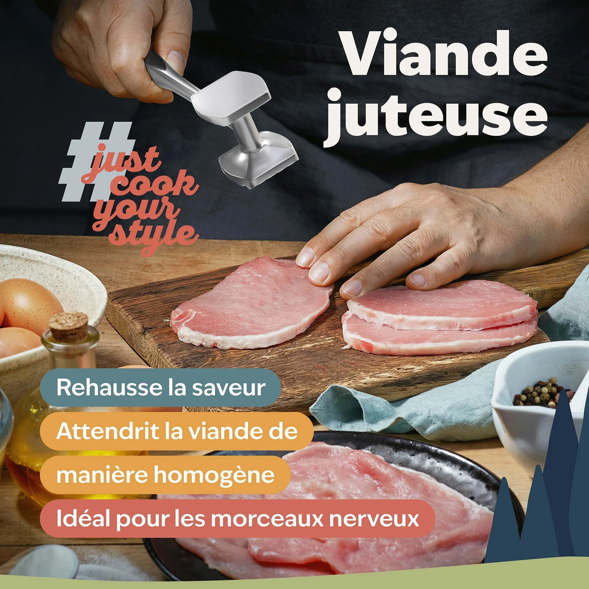 Attendrisseur de viande en alliage de zinc chromé mat kjøk – maillet pour escalopes steaks volaille